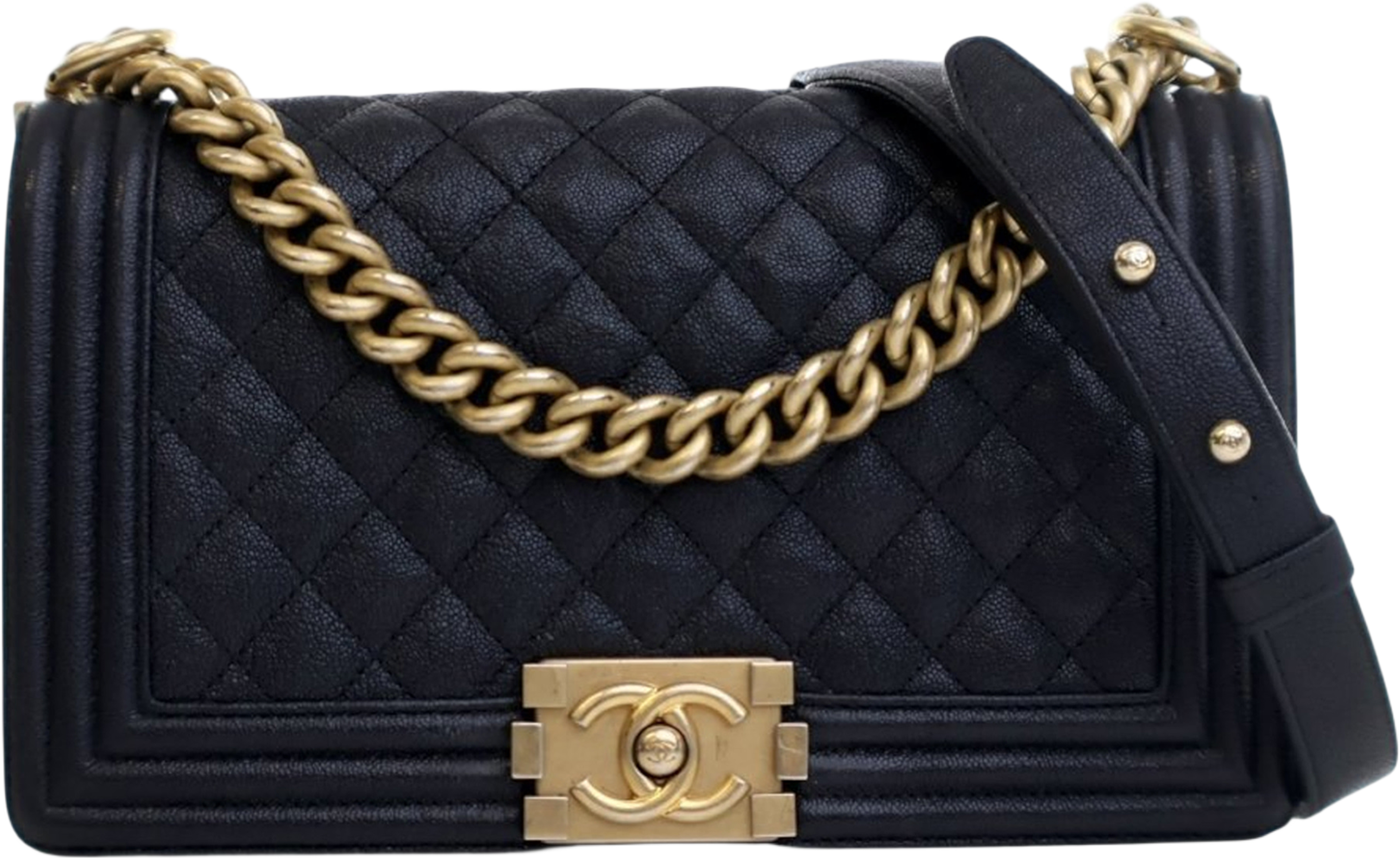 Chanel Old Medium Quilted Caviar Boy Flap, från Luxclusif, i färgen navy. Klicka för att öppna bilden i stort format