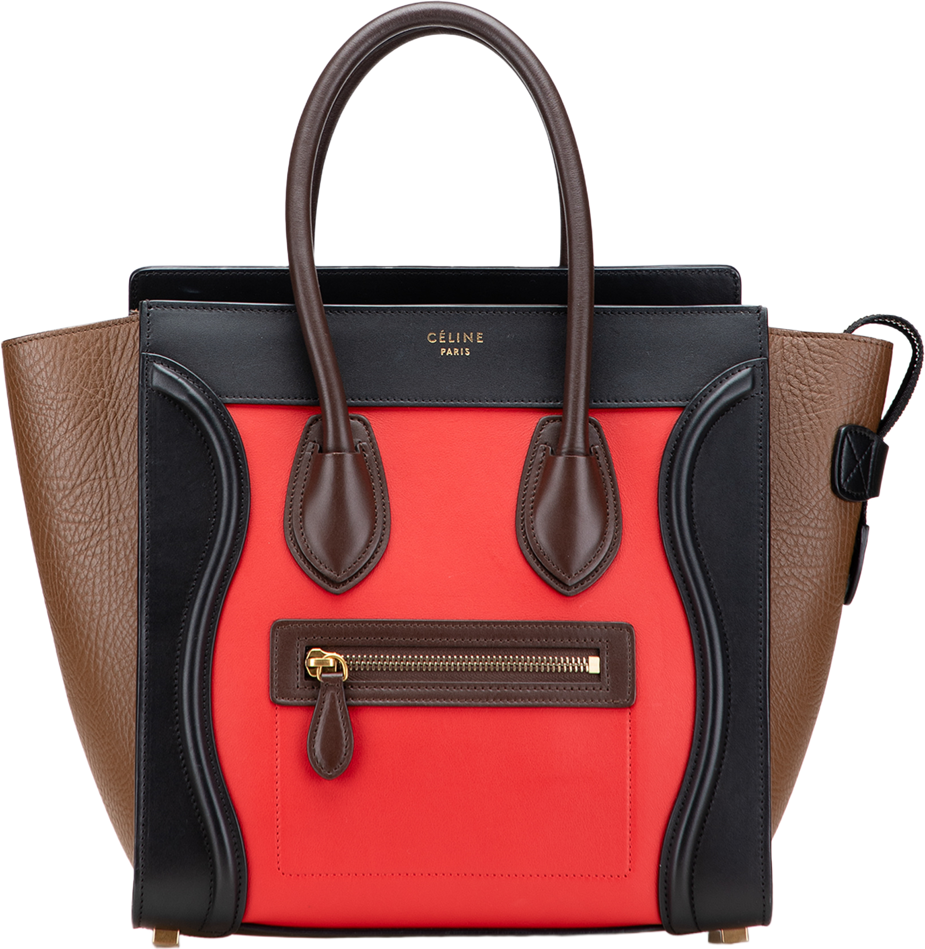Celine Micro Tricolor Leather Luggage Tote, från Luxclusif, i färgen red. Klicka för att öppna bilden i stort format