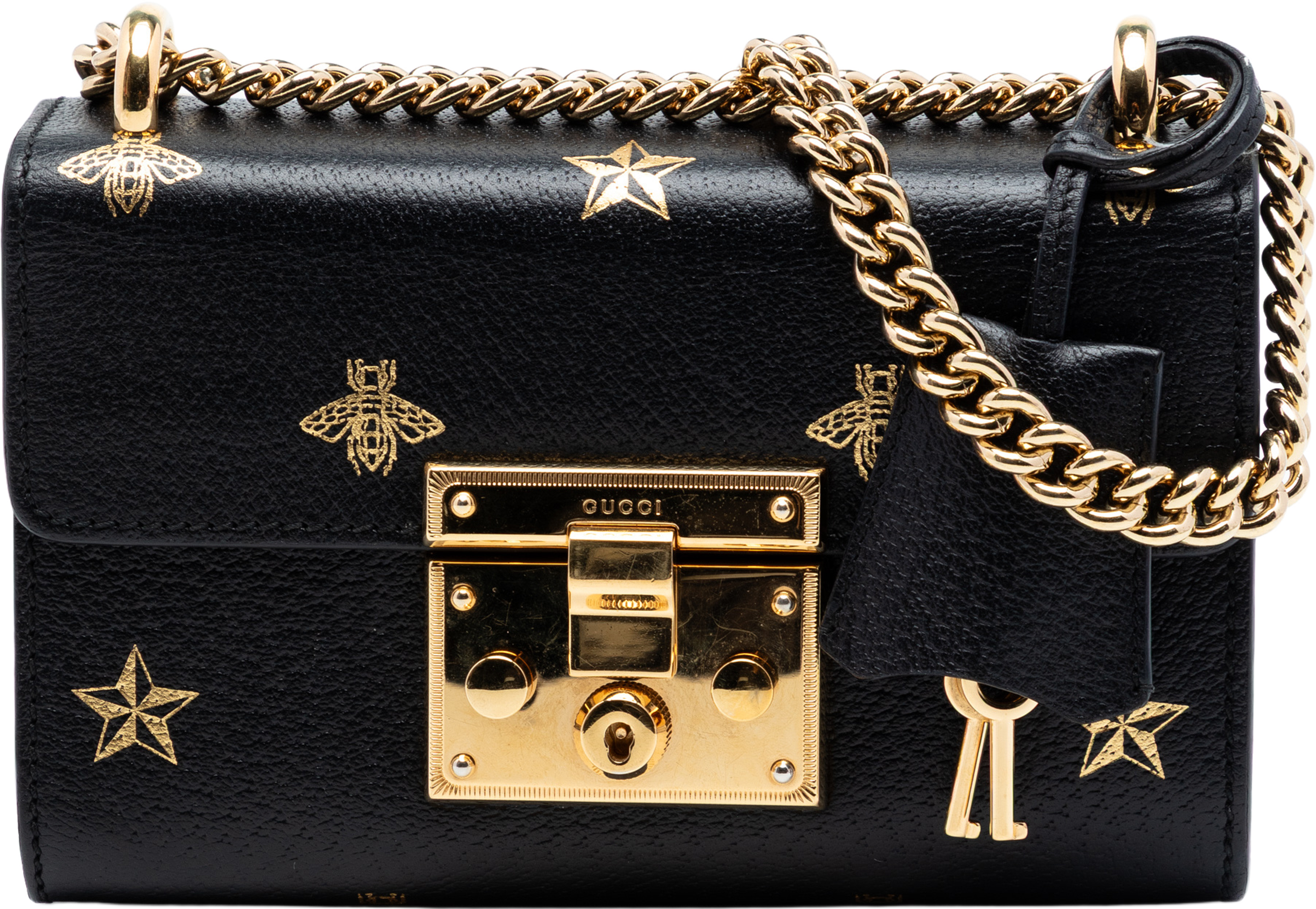 Gucci Small Calfskin Bee Star Padlock Crossbody, från Luxclusif, i färgen black. Klicka för att öppna bilden i stort format