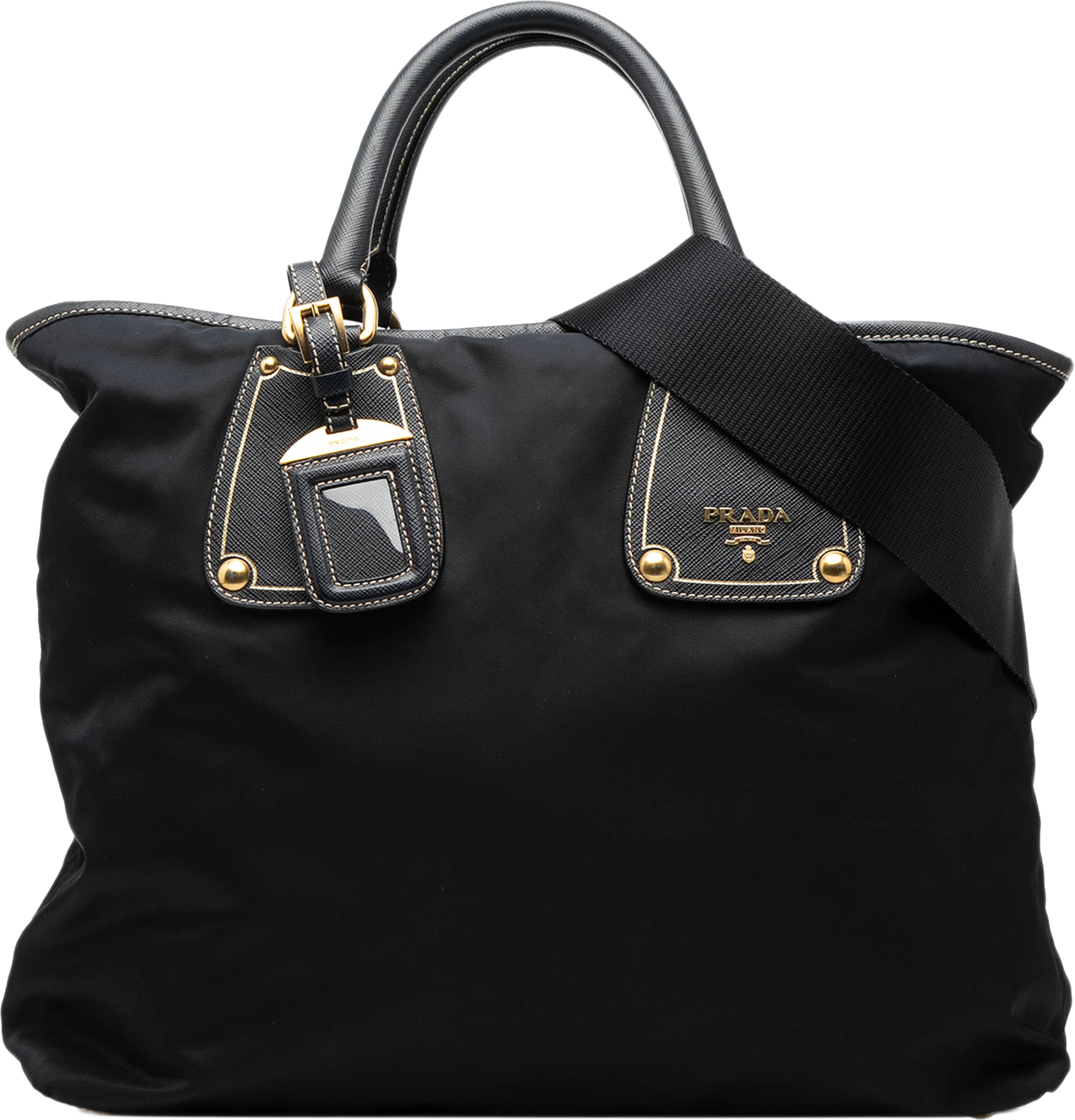 Prada Saffiano Trimmed Tessuto Satchel, från Luxclusif, i färgen svart. Klicka för att öppna bilden i stort format