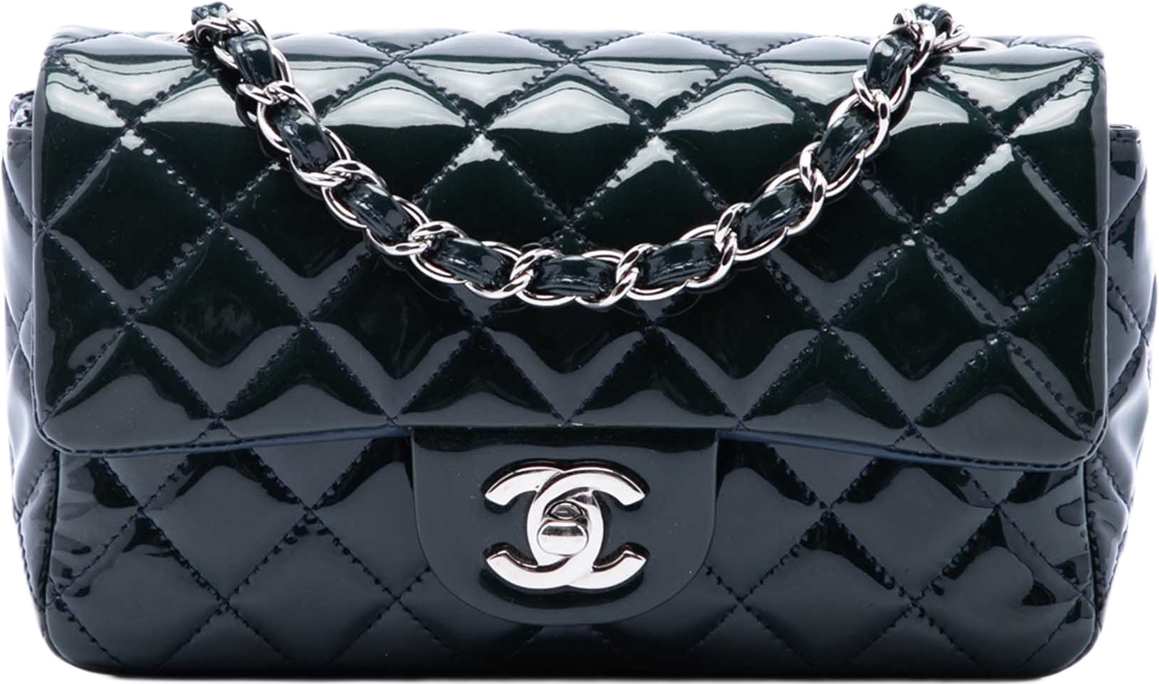Chanel Mini Rectangular Classic Patent Single Flap, från Luxclusif, i färgen blå. Klicka för att öppna bilden i stort format