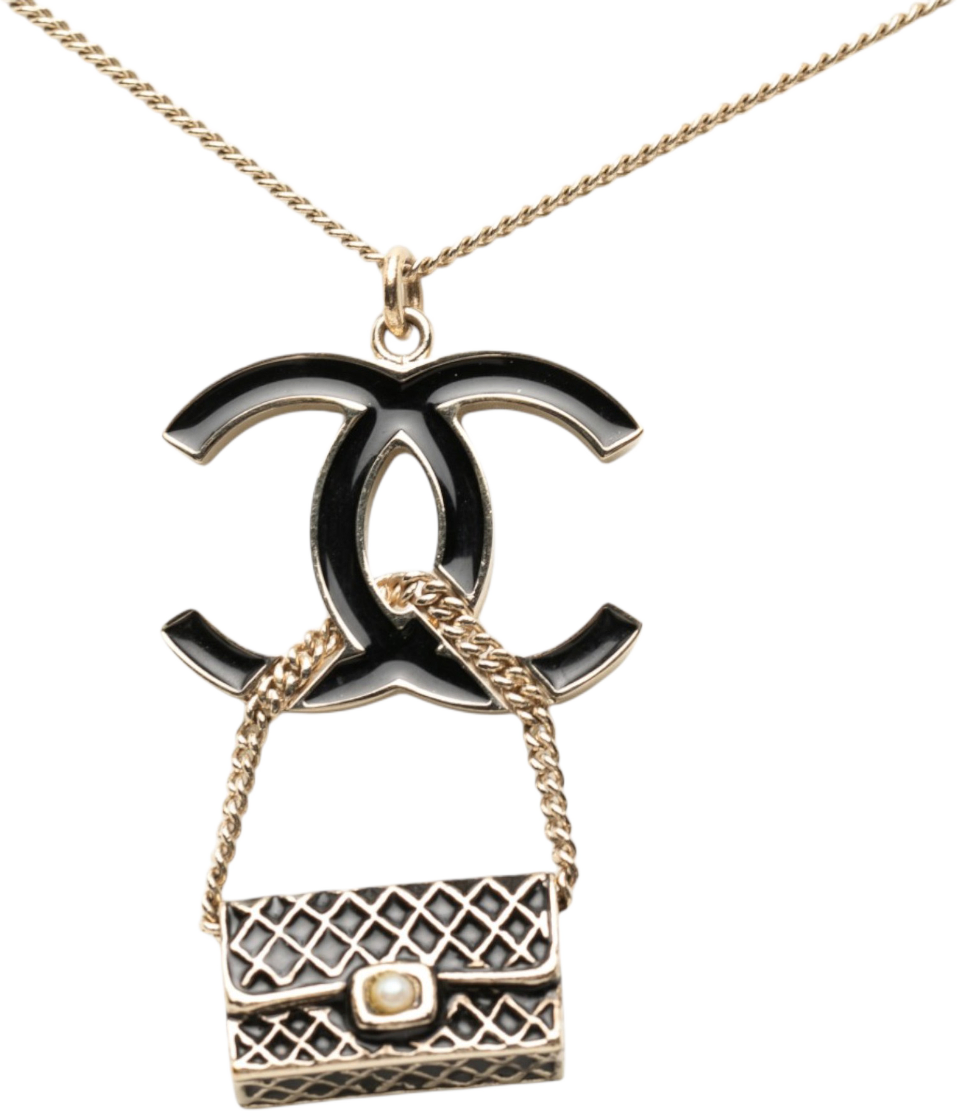 Chanel Gold Plated And Enamel Cc And Flap Bag Pendant Necklace, från Luxclusif, i färgen gold. Klicka för att öppna bilden i stort format
