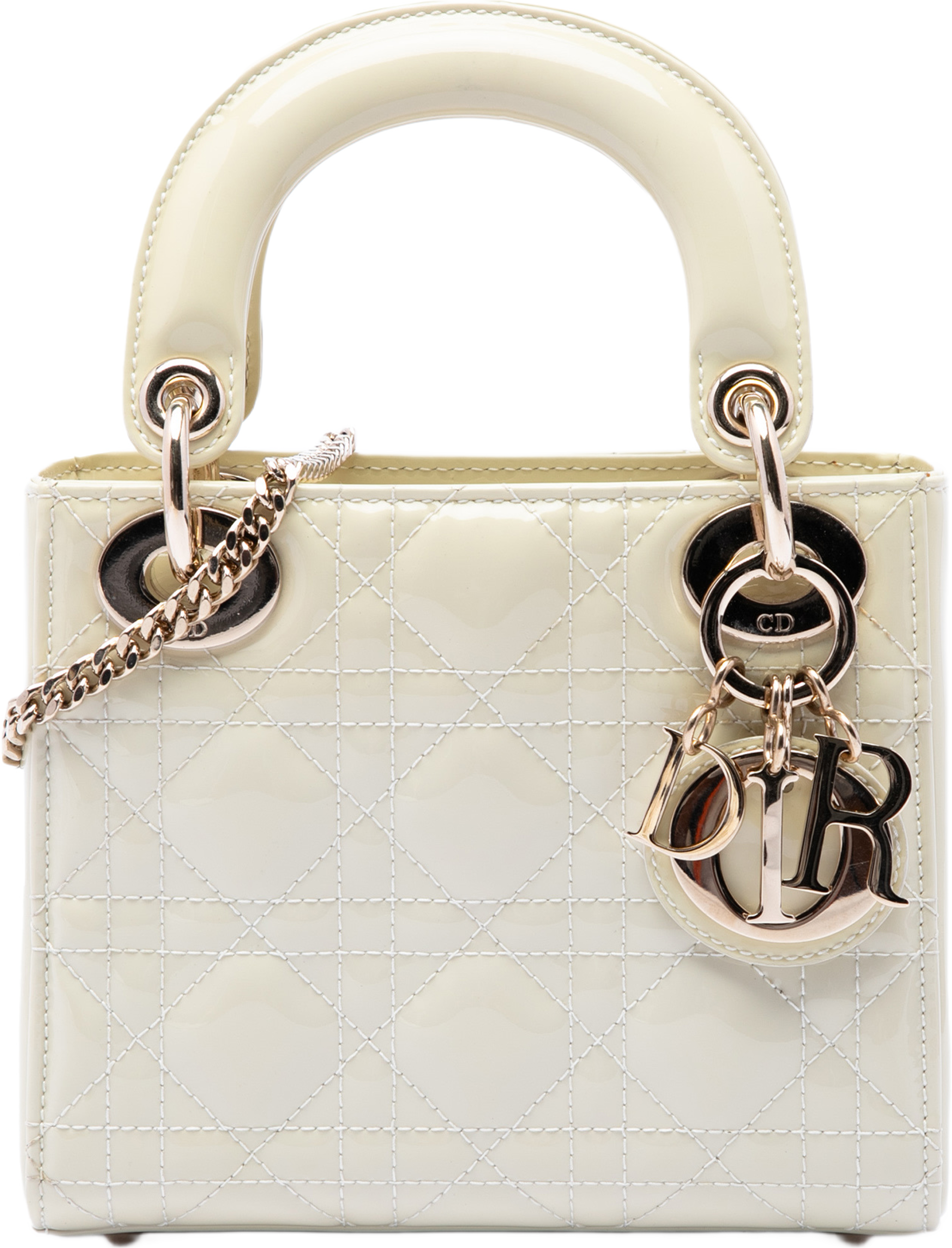 Dior Mini Patent Cannage Lady Dior, från Luxclusif, i färgen vit. Klicka för att öppna bilden i stort format