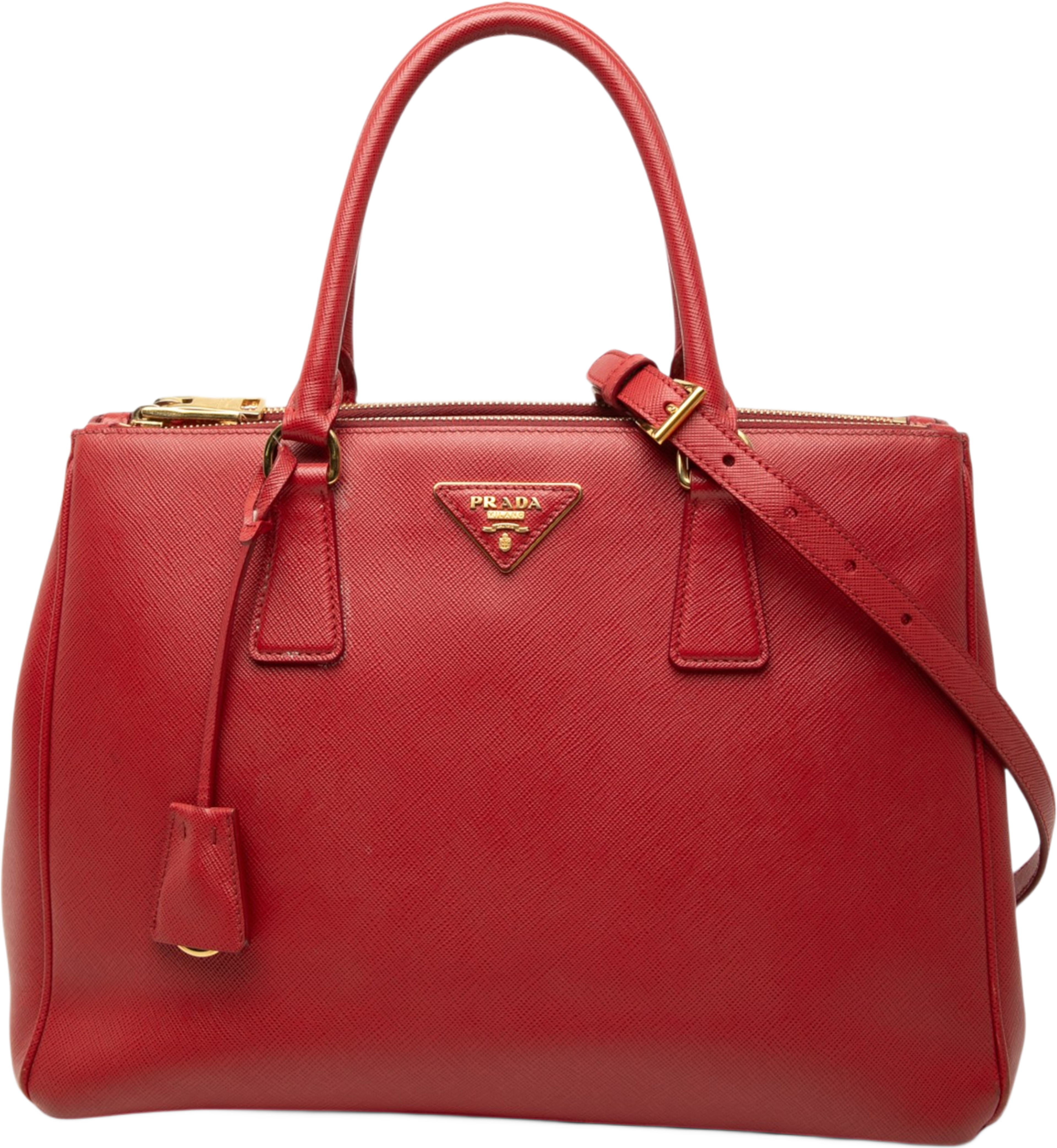Prada Large Saffiano Lux Galleria Double Zip Tote, från Luxclusif, i färgen röd. Klicka för att öppna bilden i stort format
