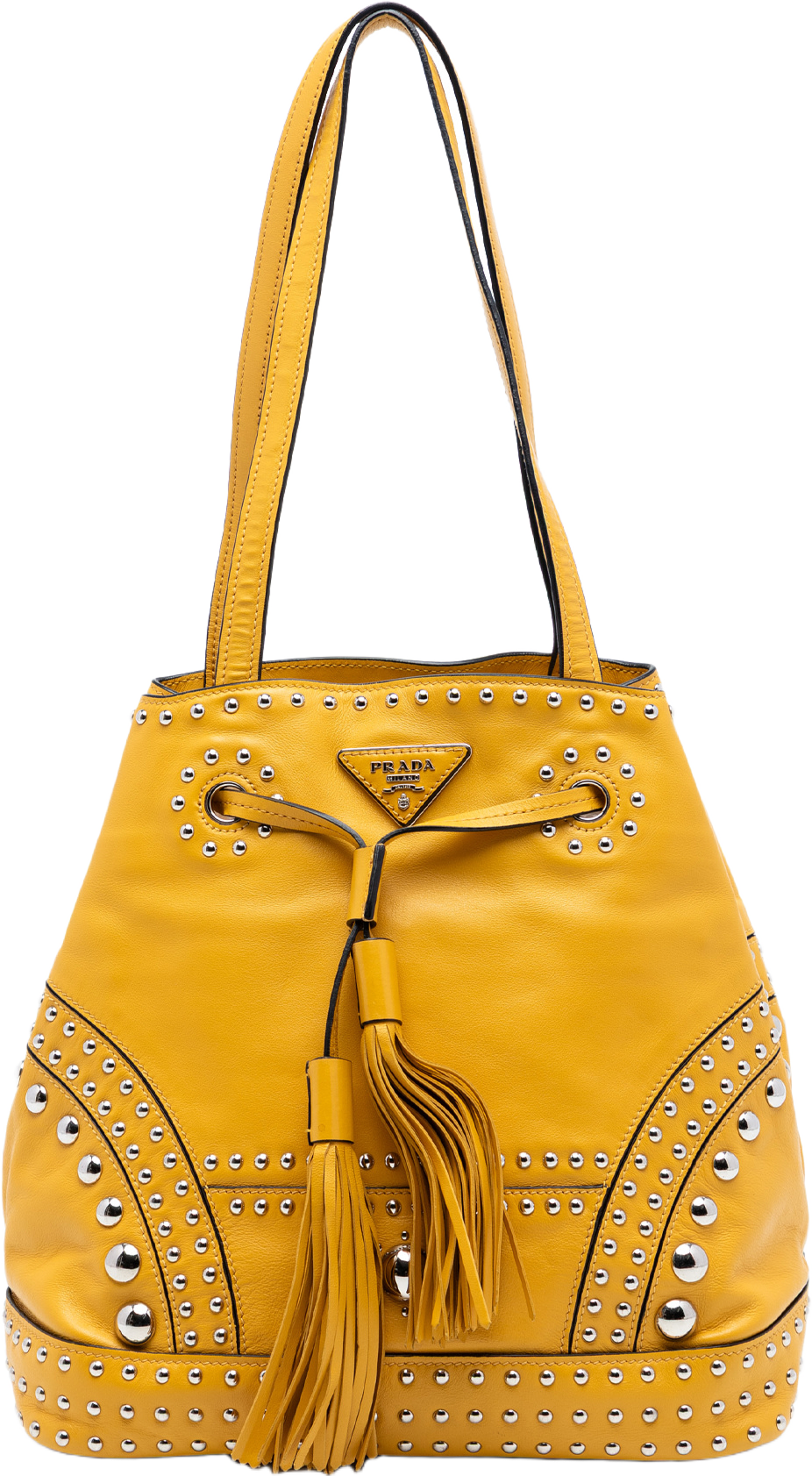 Prada Soft Calf Studded Bucket Bag, från Luxclusif, i färgen mustard. Klicka för att öppna bilden i stort format