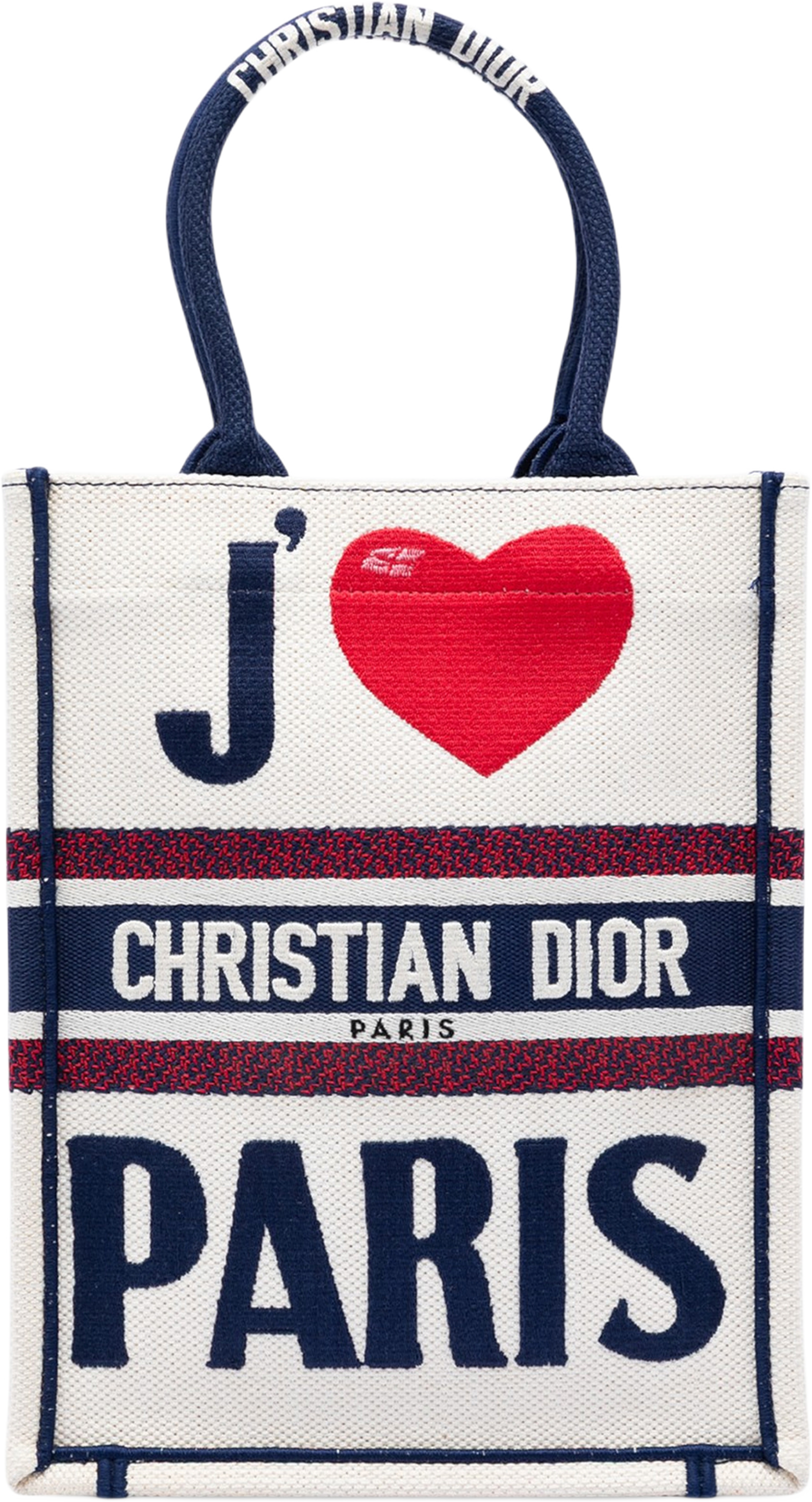 Dior Embroidered Canvas I Love Paris Vertical Book Tote, från Luxclusif, i färgen white. Klicka för att öppna bilden i stort format