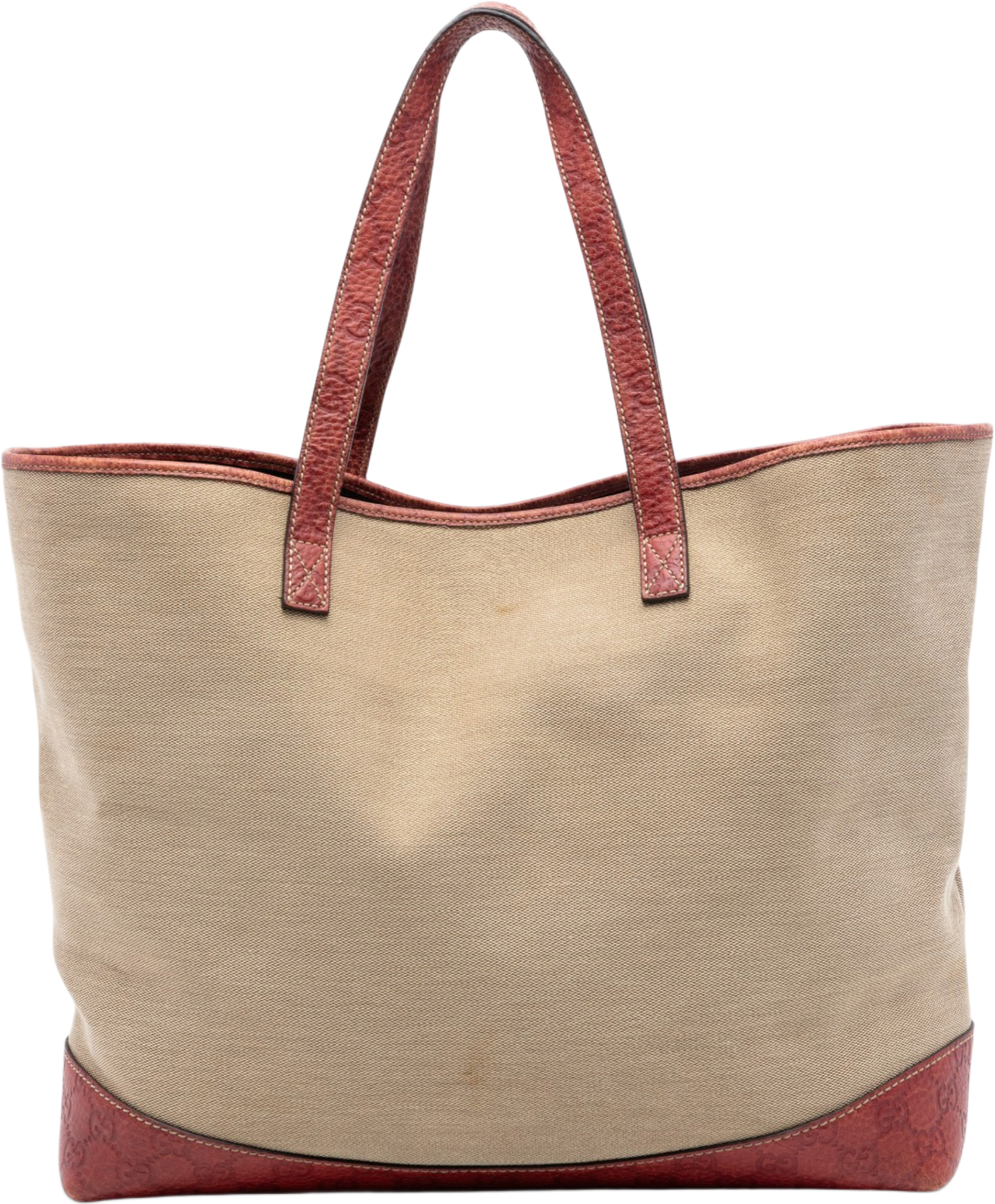 Gucci Guccissima Trimmed Canvas Tote, från Luxclusif, i färgen beige. Klicka för att öppna bilden i stort format