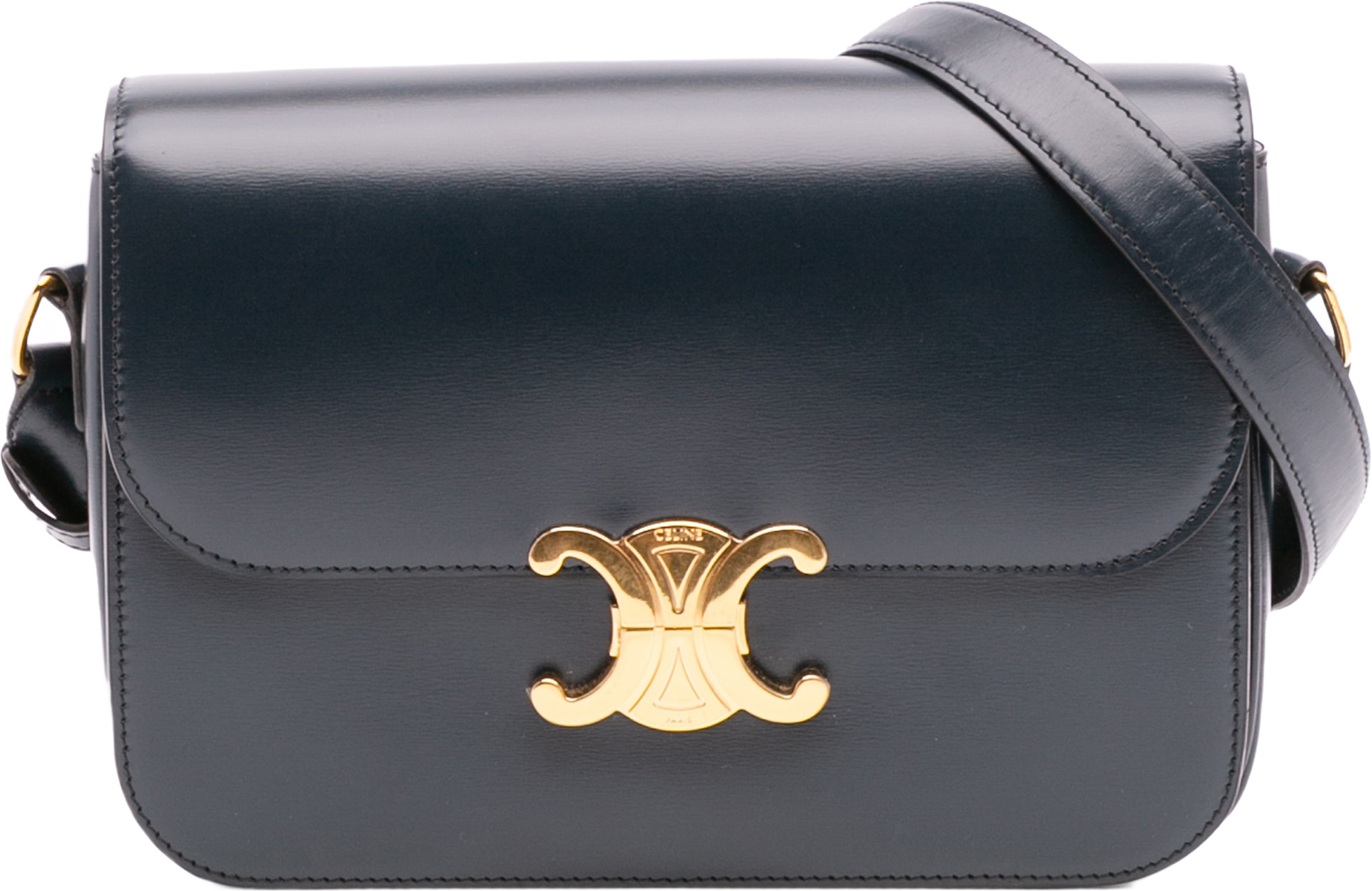 Celine Classique Shiny Calfskin Triomphe Crossbody, från Luxclusif, i färgen navy. Klicka för att öppna bilden i stort format