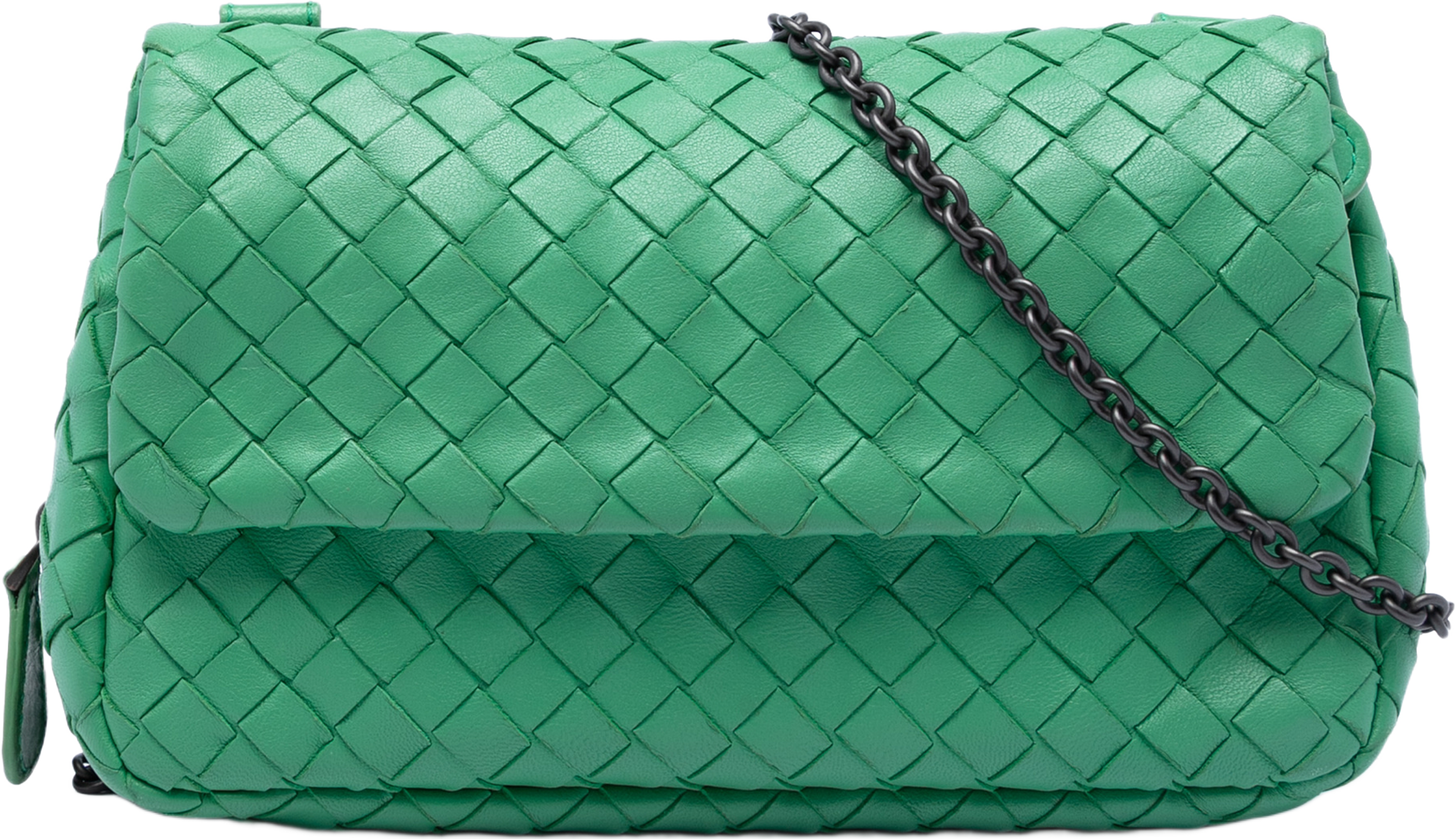 Bottega Veneta Mini Nappa Intrecciato Expandable Chain Flap Crossbody, från Luxclusif, i färgen grön. Klicka för att öppna bilden i stort format
