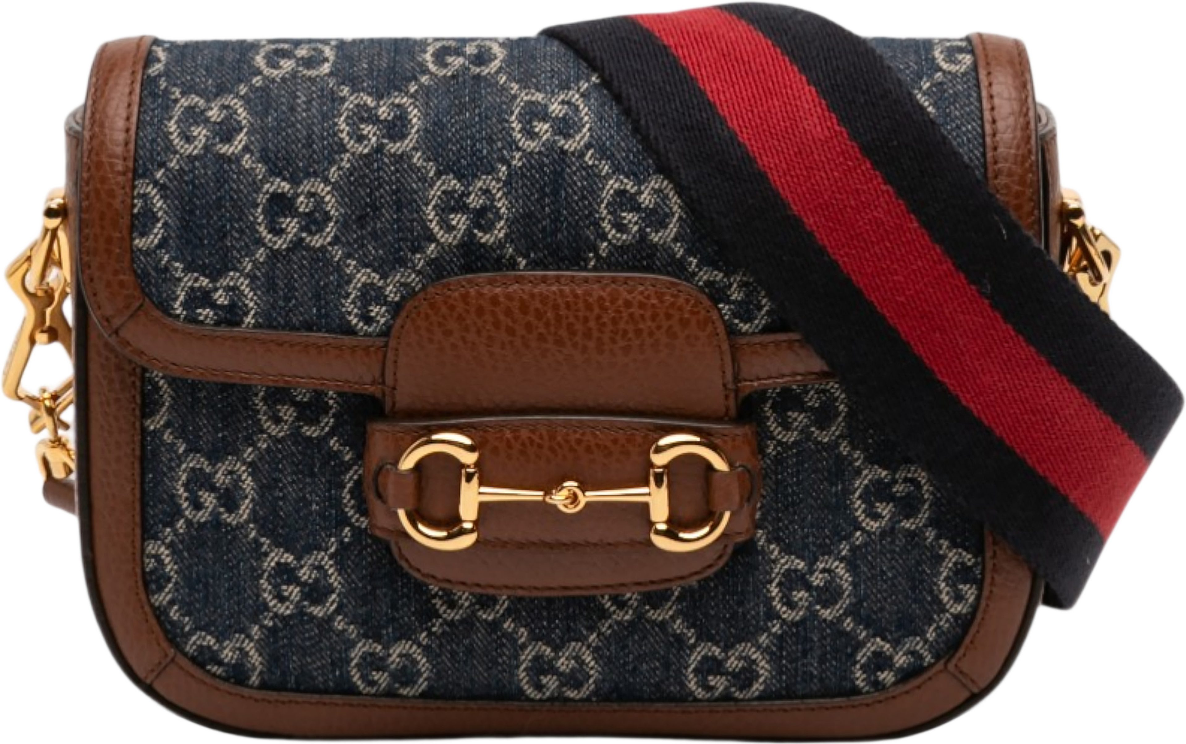 Gucci Small Gg Denim Web Horsebit 1955 Crossbody, från Luxclusif, i färgen dark blue. Klicka för att öppna bilden i stort format