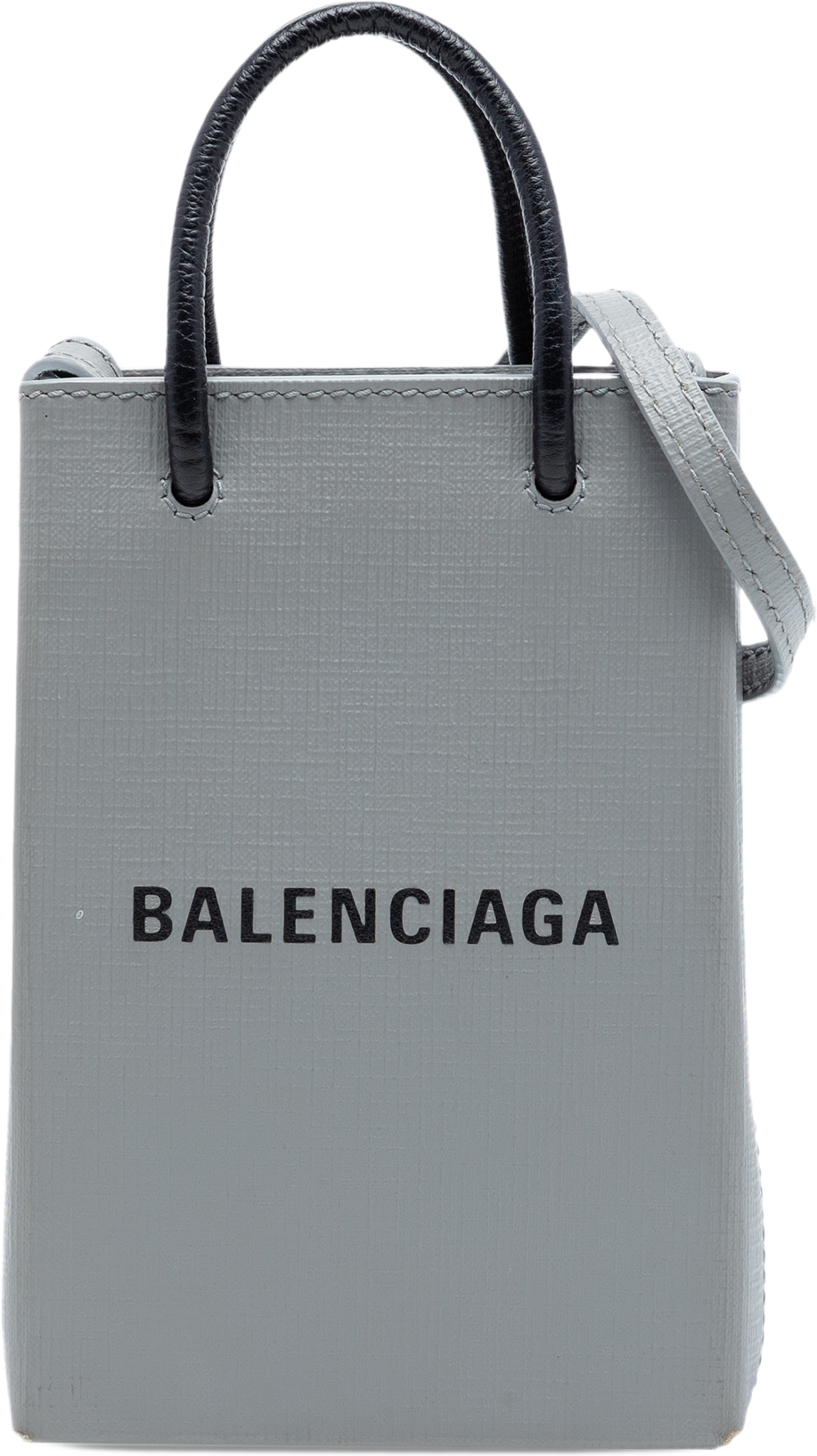 Balenciaga Mini Calfskin Logo Shopping Phone Holder, från Luxclusif, i färgen gray. Klicka för att öppna bilden i stort format