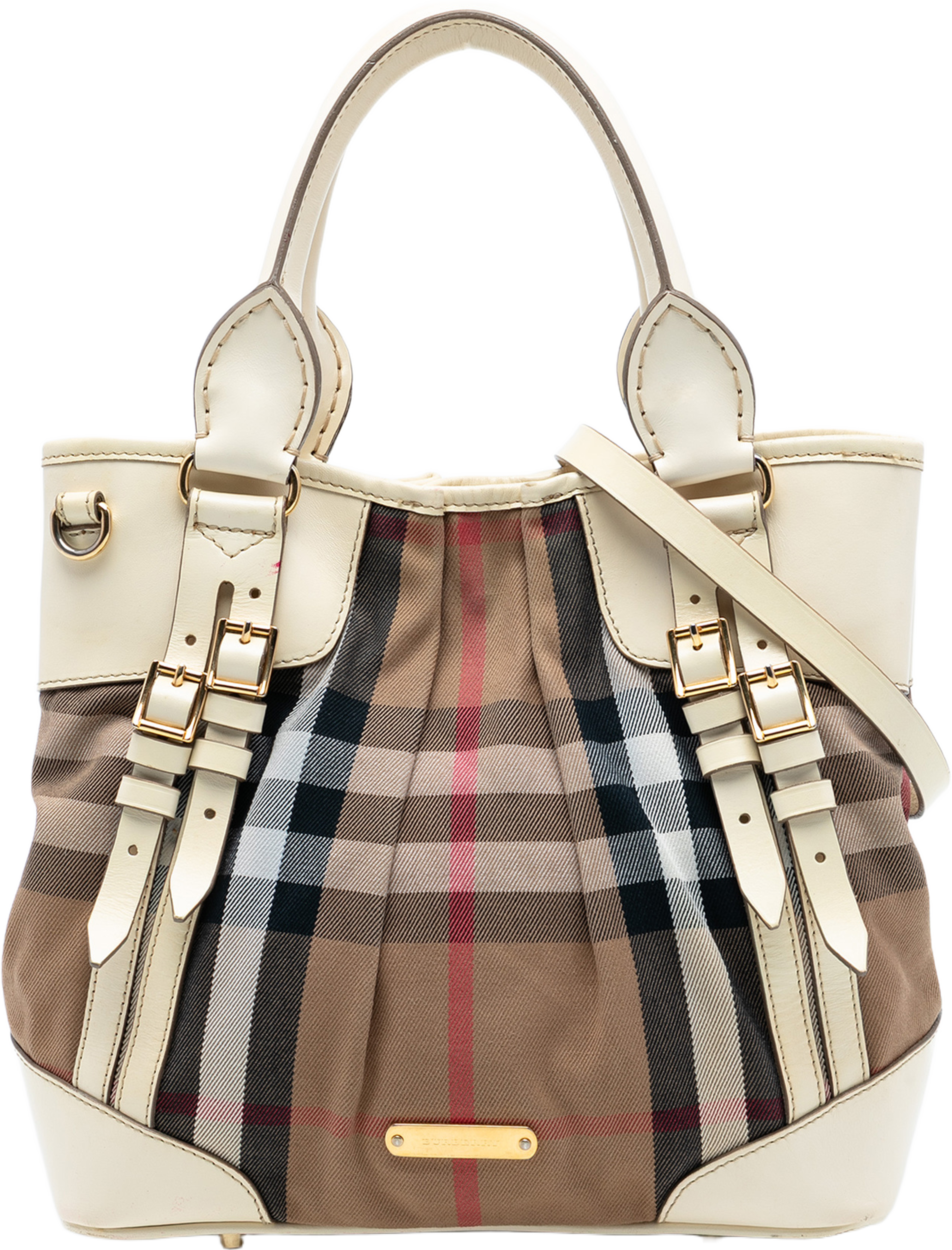 Burberry House Check Canvas And Leather Bridle Whipstitch Satchel, från Luxclusif, i färgen light brown. Klicka för att öppna bilden i stort format