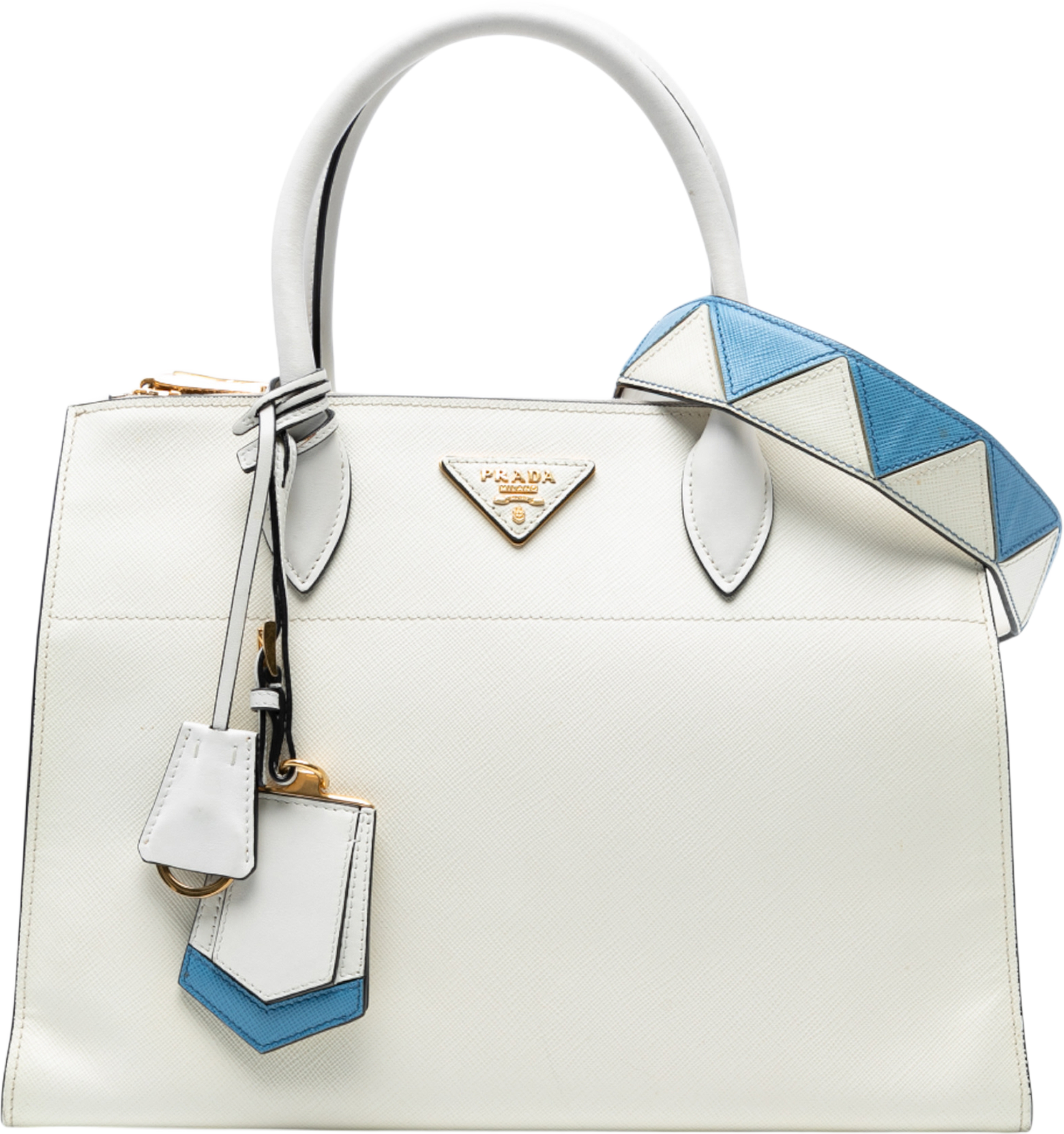 Prada City Calf Trimmed Saffiano Greche Paradigme Bag, från Luxclusif, i färgen white. Klicka för att öppna bilden i stort format