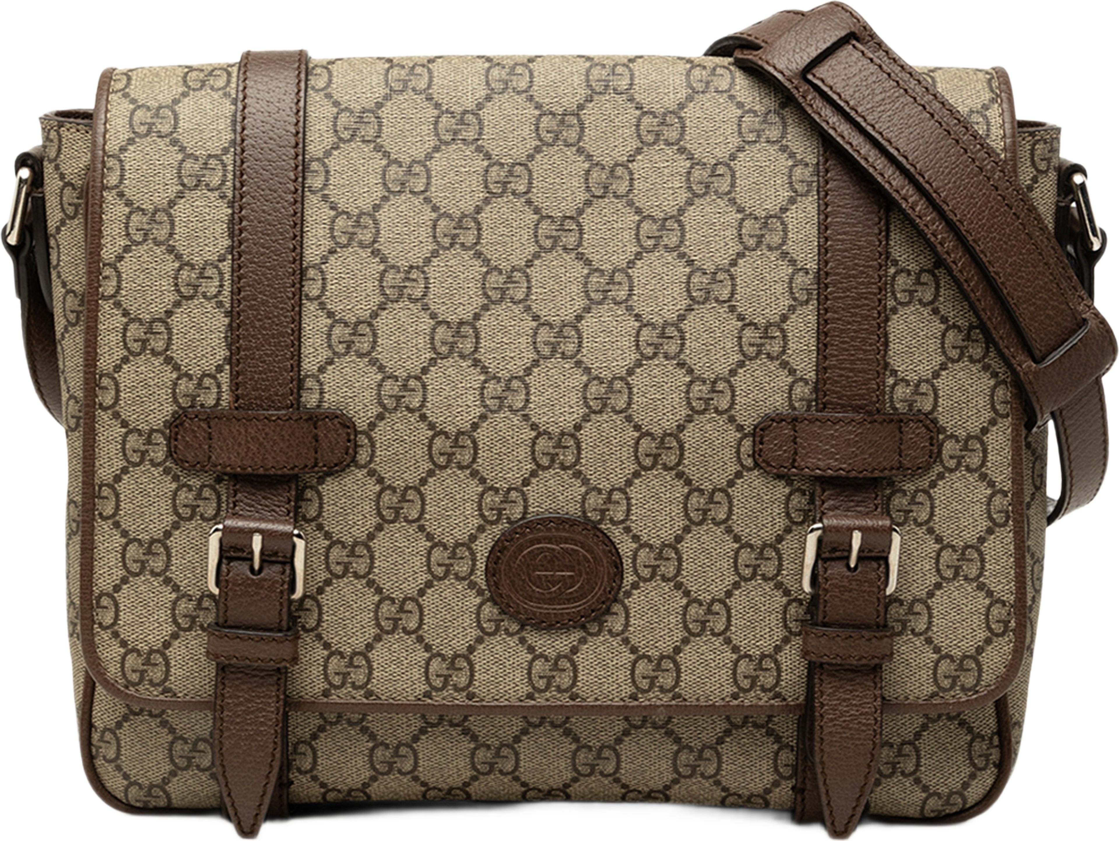 Gucci Gg Supreme Textured Dollar Calfskin Retro Interlocking G Flap Messenger Bag, från Luxclusif, i färgen beige. Klicka för att öppna bilden i stort format
