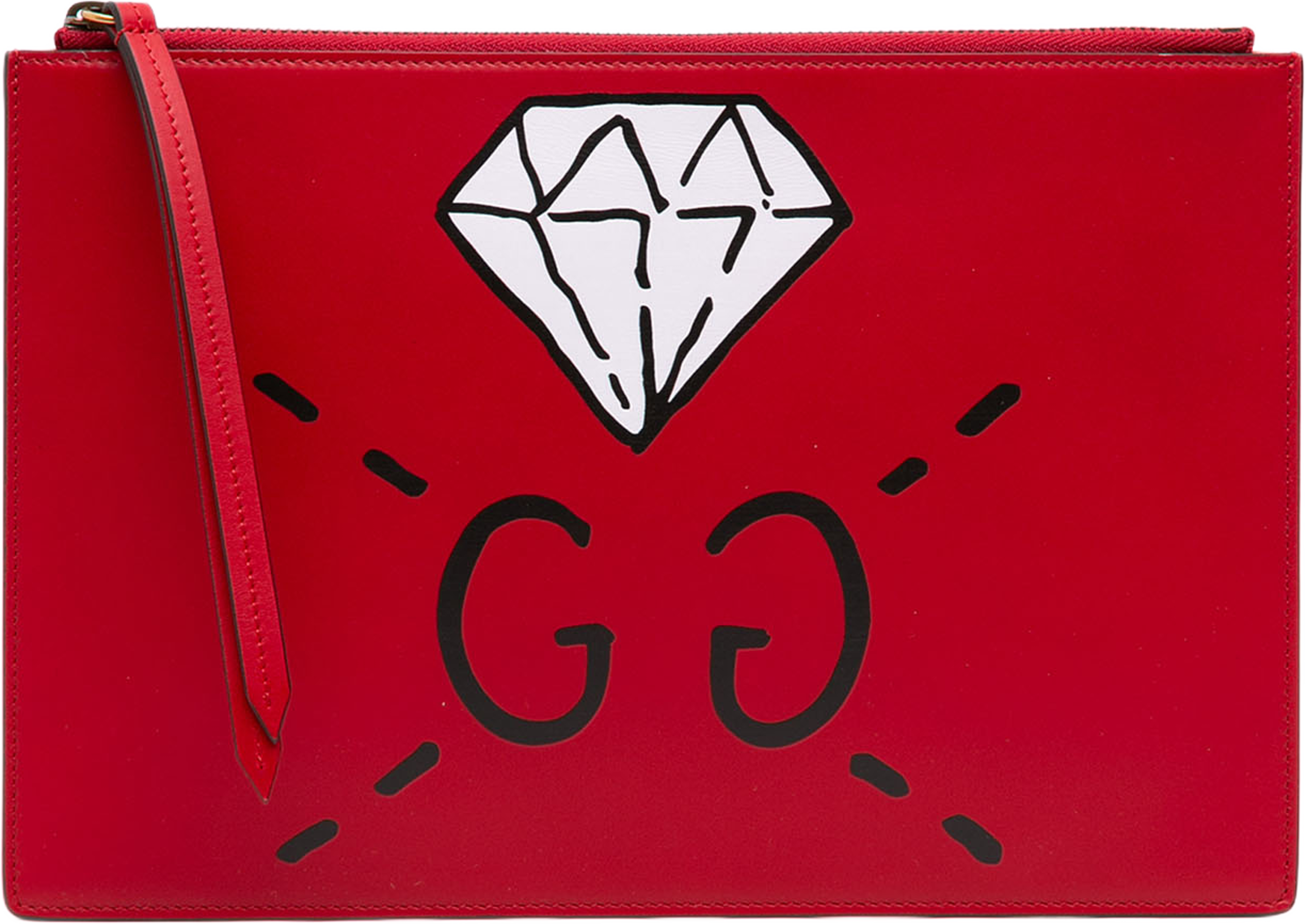 Gucci Guccighost Calfskin Diamond Zip Pouch, från Luxclusif, i färgen röd. Klicka för att öppna bilden i stort format
