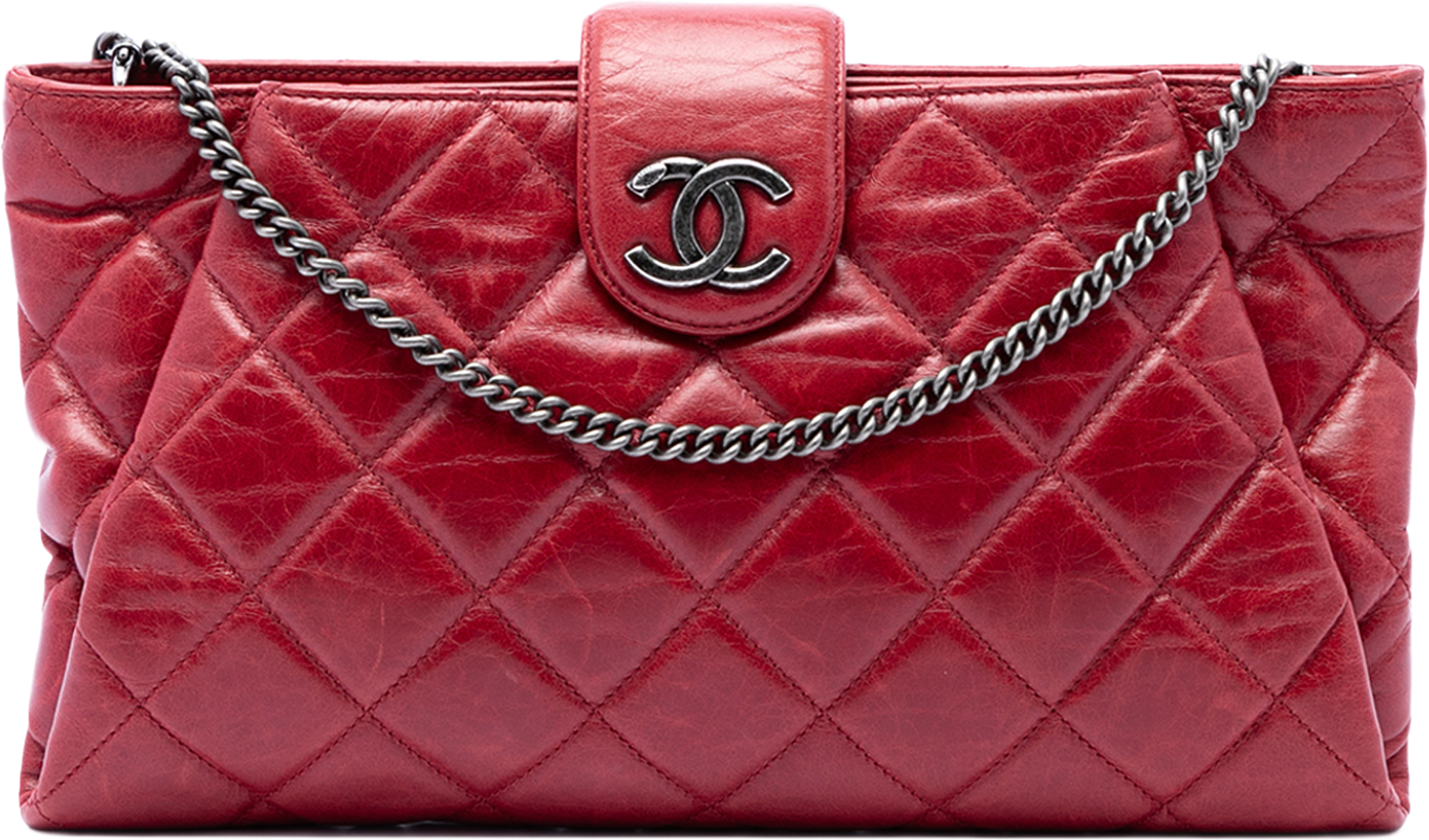 Chanel Quilted Glazed Calfskin Coco Pleats Chain Clutch, från Luxclusif, i färgen röd. Klicka för att öppna bilden i stort format