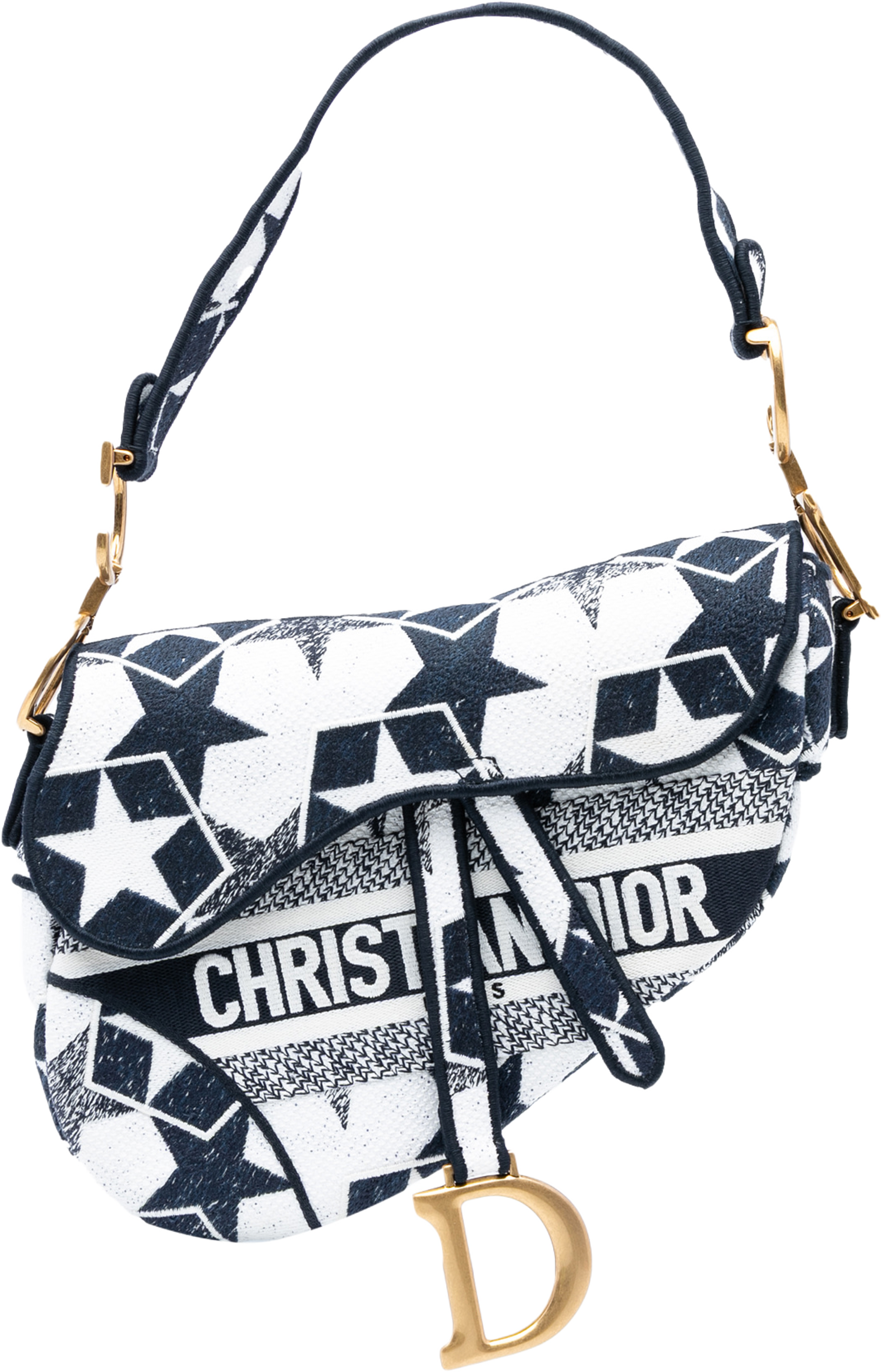 Dior Embroidered Canvas Stars Saddle Bag, från Luxclusif, i färgen white. Klicka för att öppna bilden i stort format
