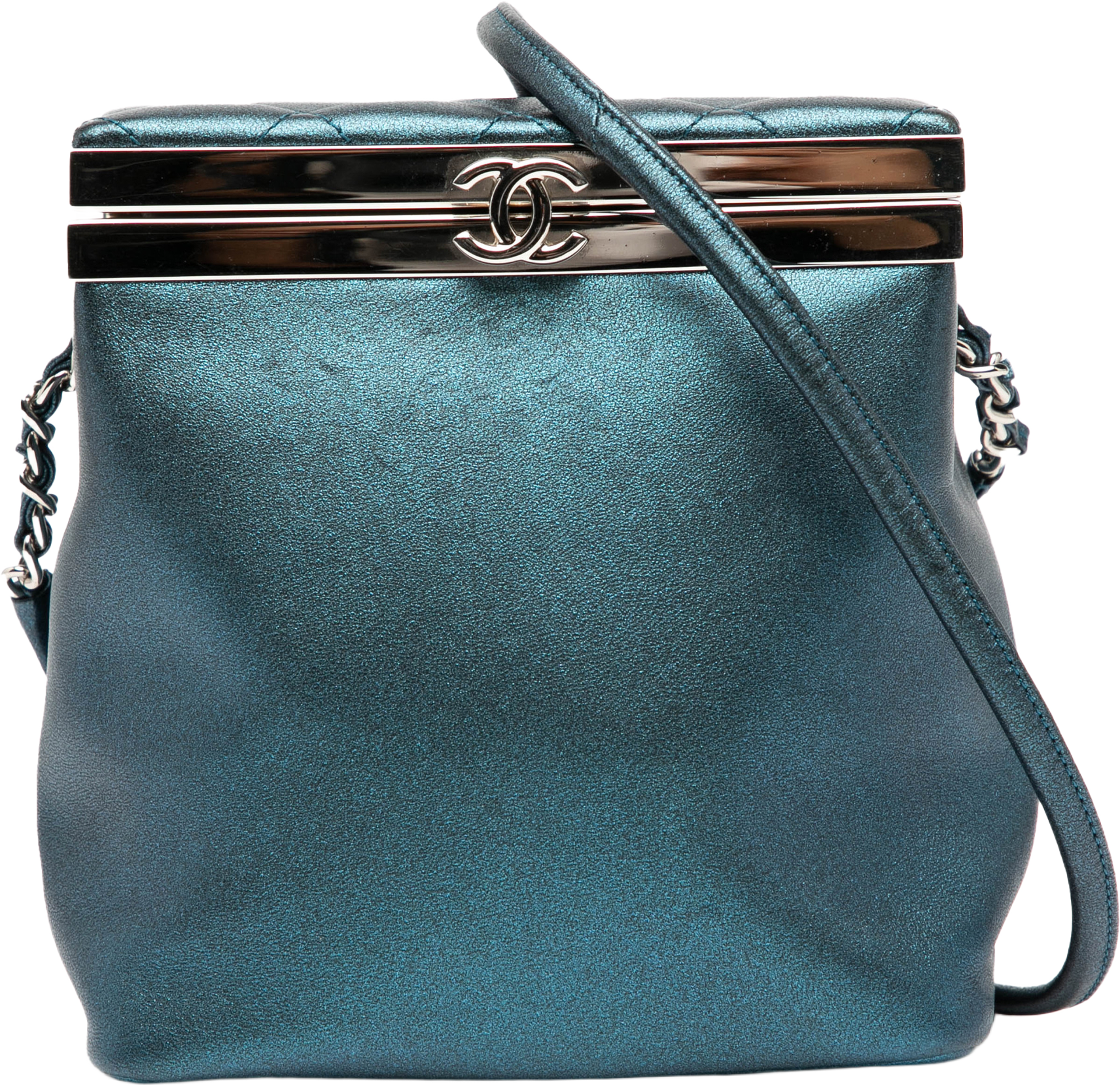 Chanel Cc Metallic Calfskin Vanity Bag, från Luxclusif, i färgen blue. Klicka för att öppna bilden i stort format