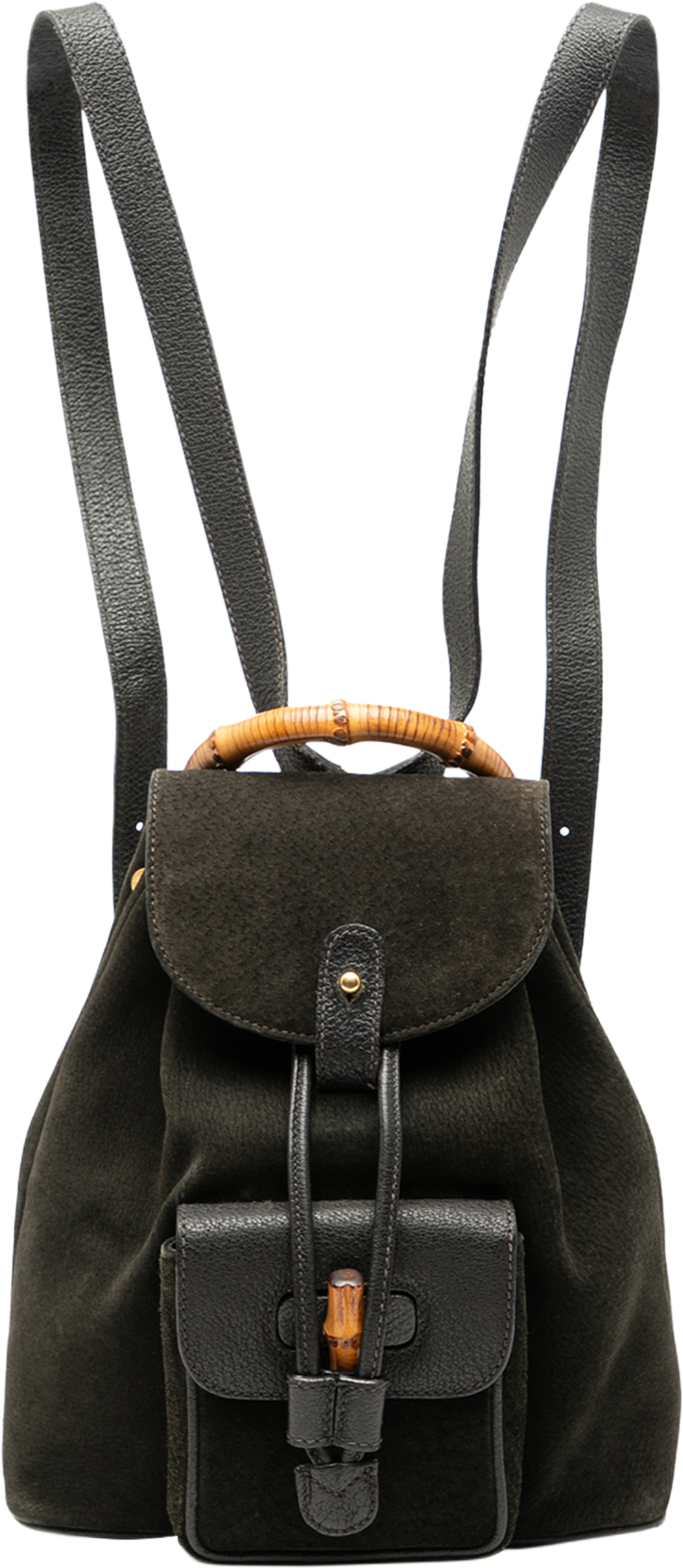 Gucci Suede Bamboo Drawstring Backpack, från Luxclusif, i färgen black. Klicka för att öppna bilden i stort format