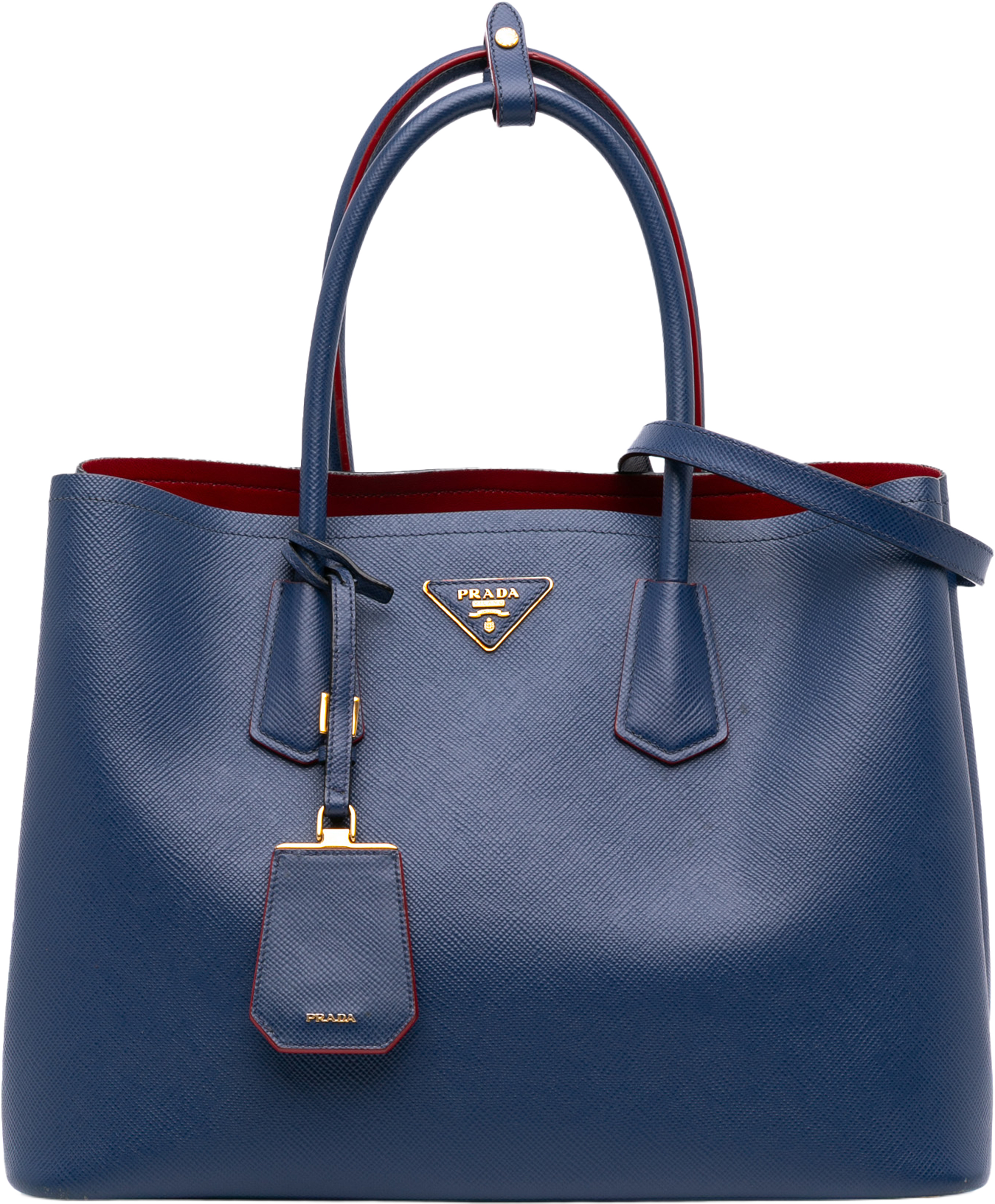 Prada Medium Saffiano Cuir Double Satchel, från Luxclusif, i färgen blue. Klicka för att öppna bilden i stort format