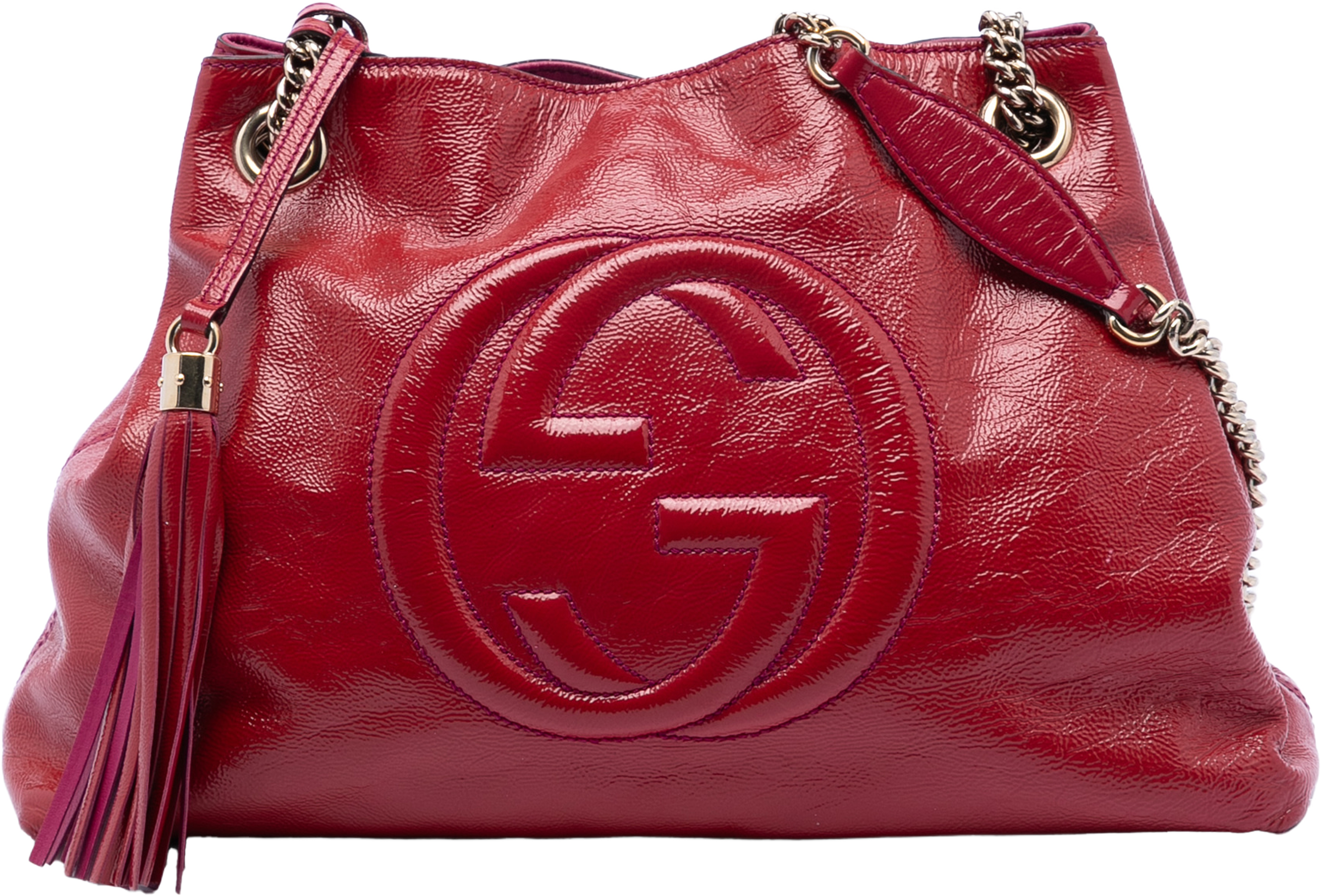 Gucci Medium Patent Soho Chain Tote, från Luxclusif, i färgen red. Klicka för att öppna bilden i stort format