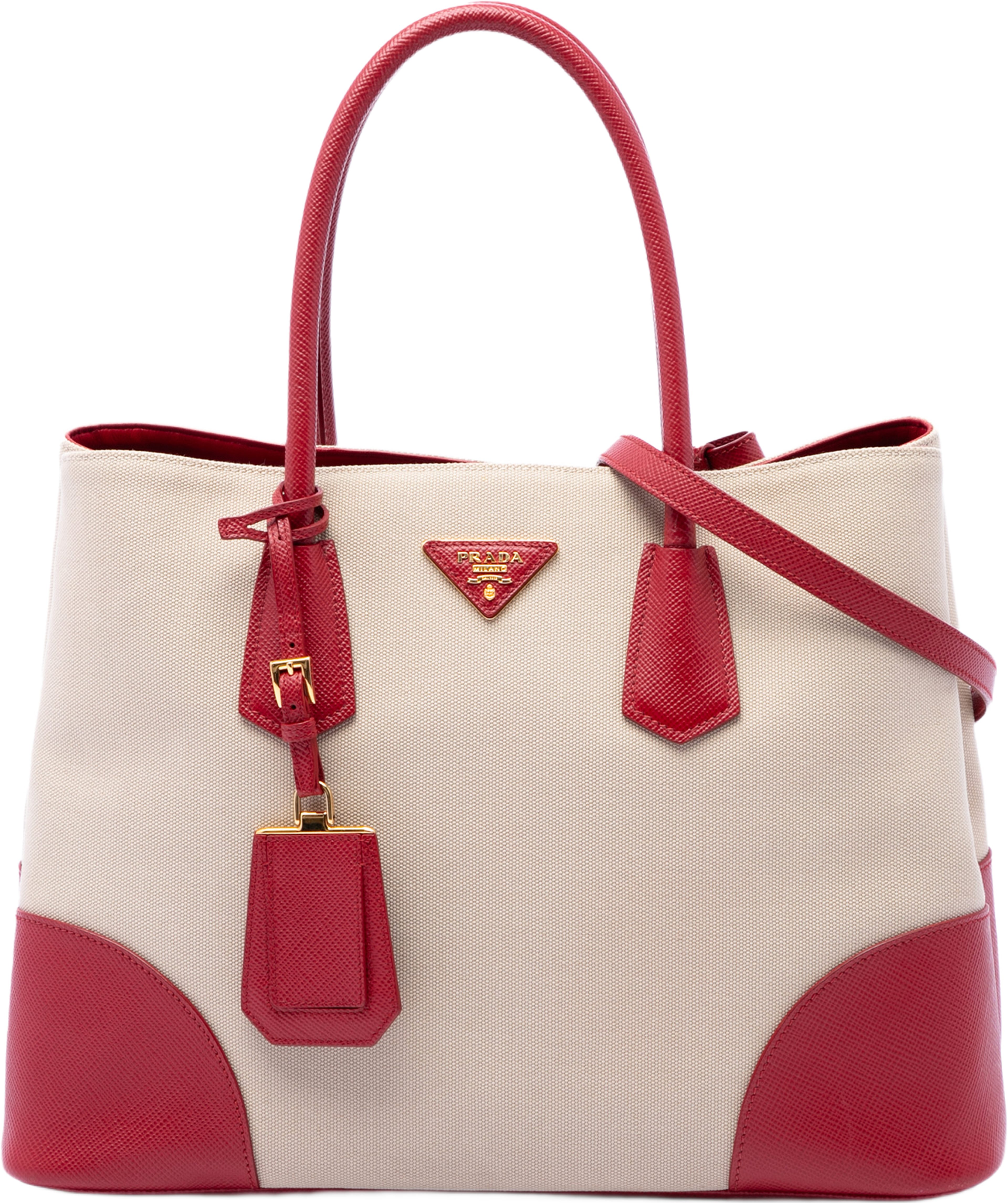 Prada Large Saffiano Trimmed Canapa Double Satchel, från Luxclusif, i färgen beige. Klicka för att öppna bilden i stort format