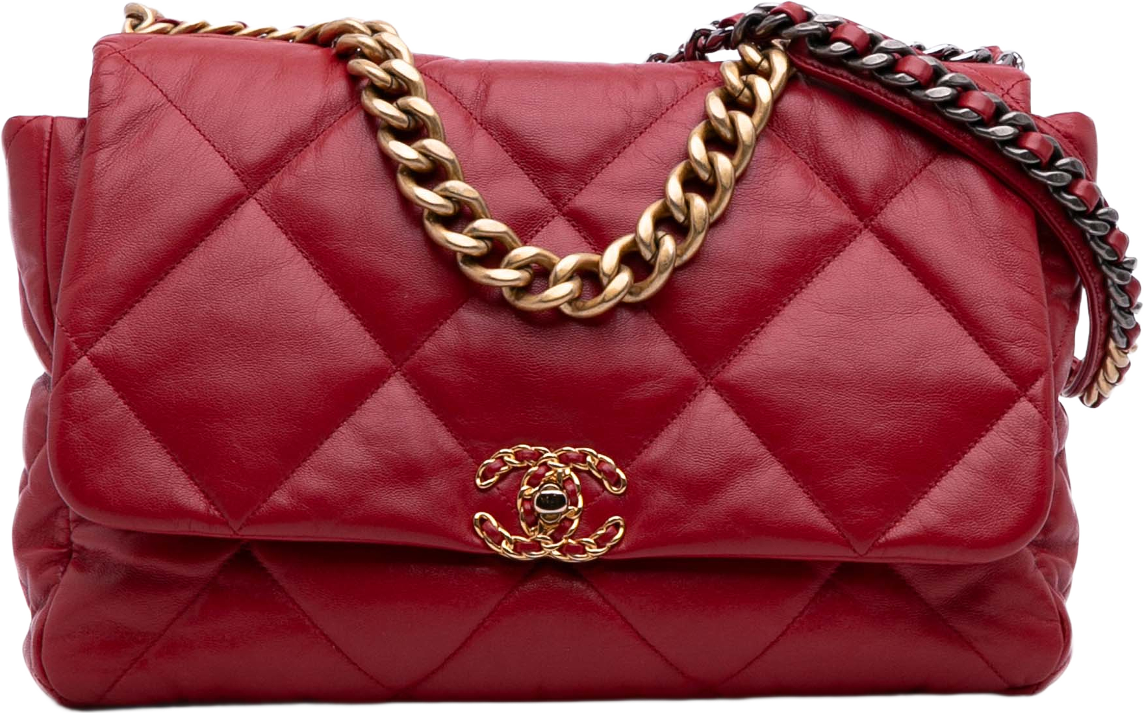 Chanel Maxi Lambskin 19 Flap, från Luxclusif, i färgen red. Klicka för att öppna bilden i stort format