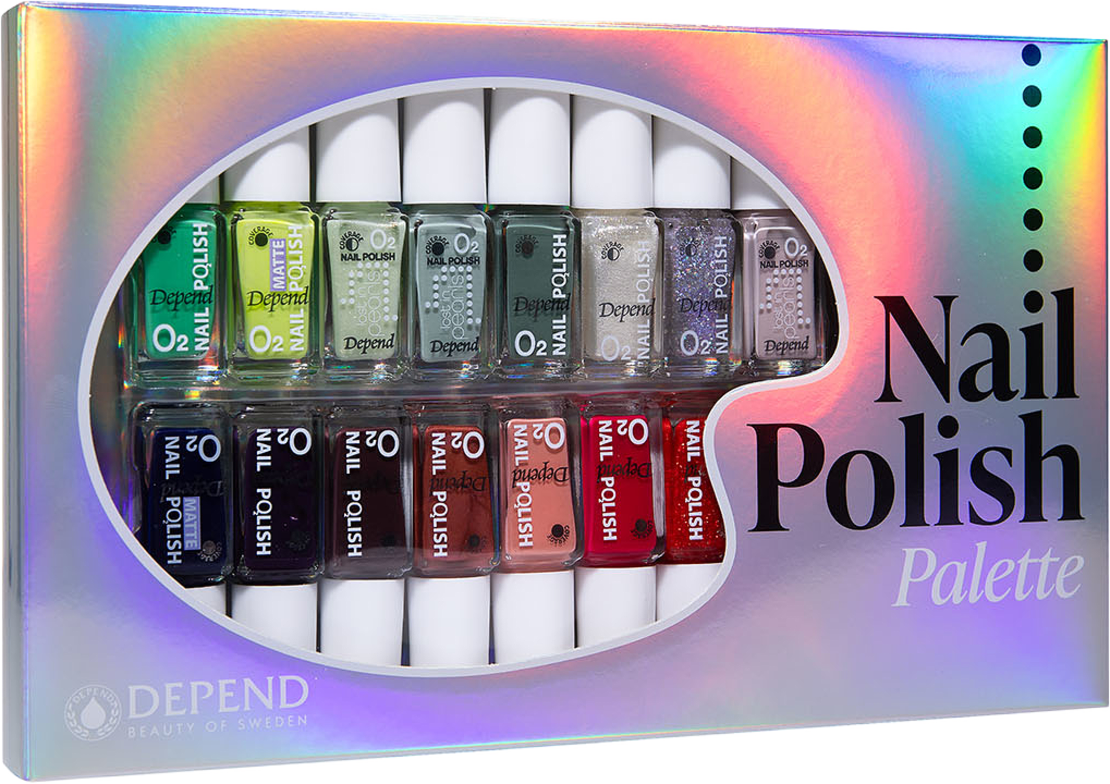 15 pack O2 nagellacks kit, från Depend. Klicka för att öppna bilden i stort format