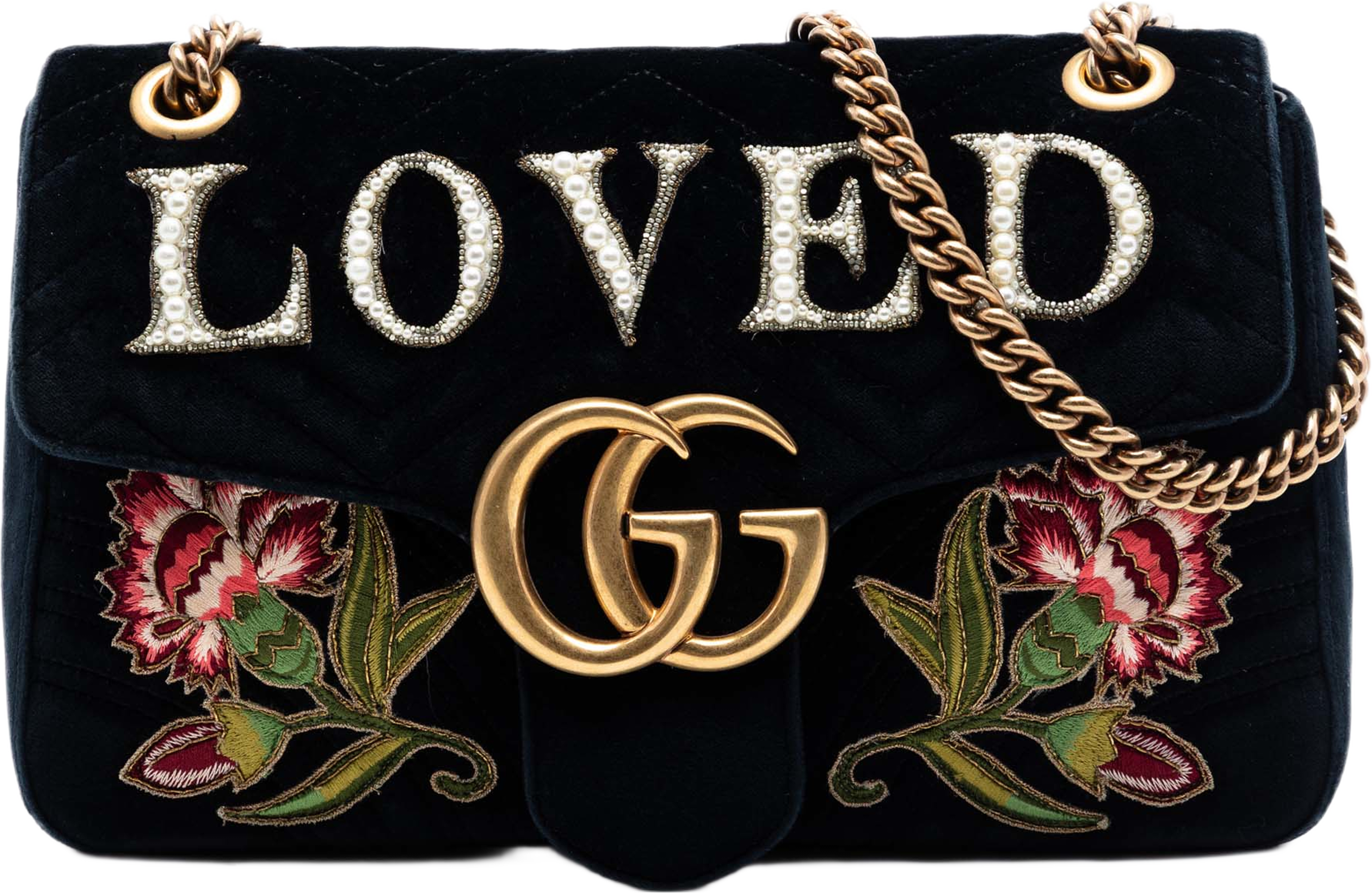 Gucci Large Gg Marmont Matelasse Velvet Embroidered Loved Shoulder Bag, från Luxclusif, i färgen black. Klicka för att öppna bilden i stort format