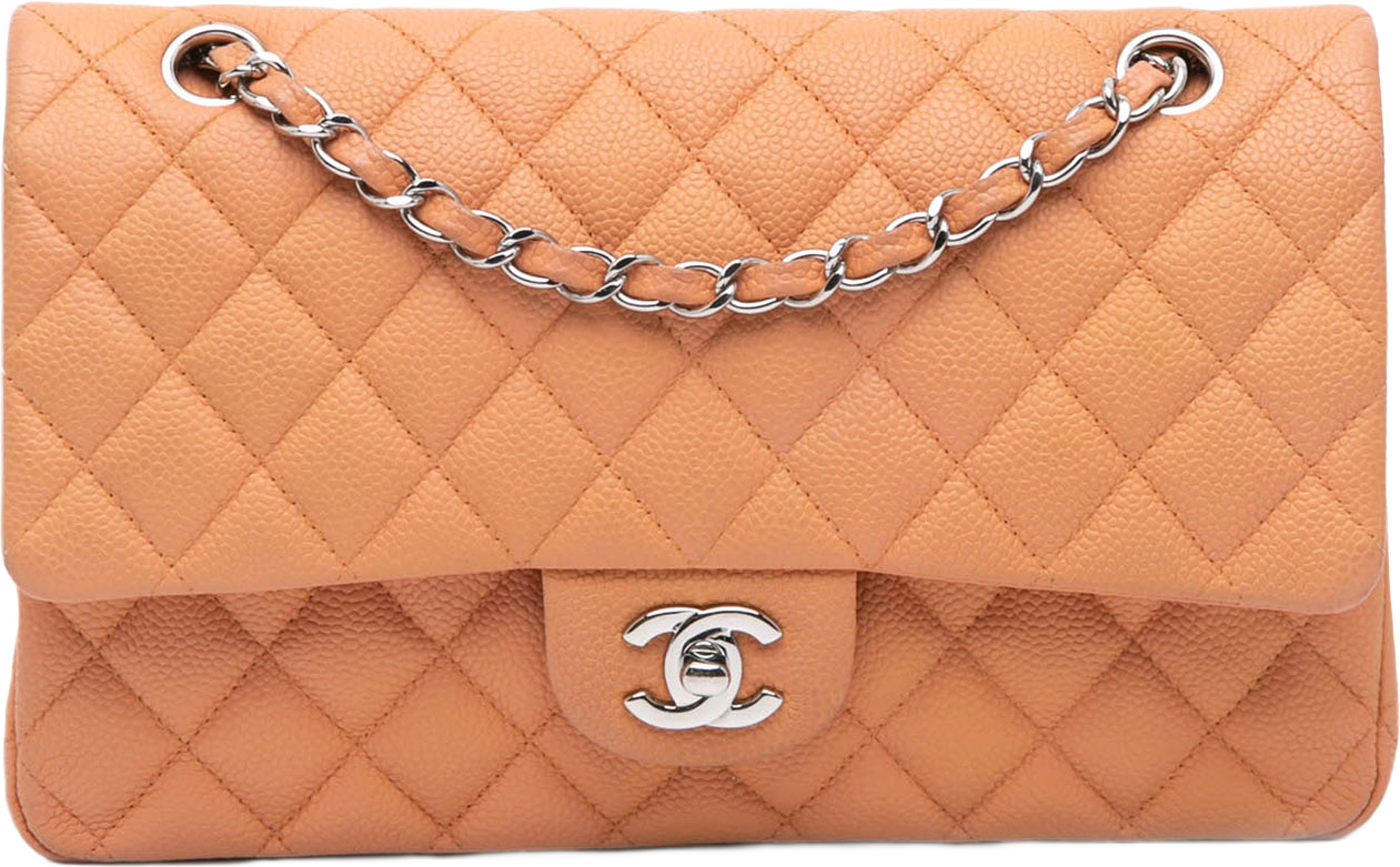 Chanel Medium Classic Caviar Double Flap, från Luxclusif, i färgen peach. Klicka för att öppna bilden i stort format