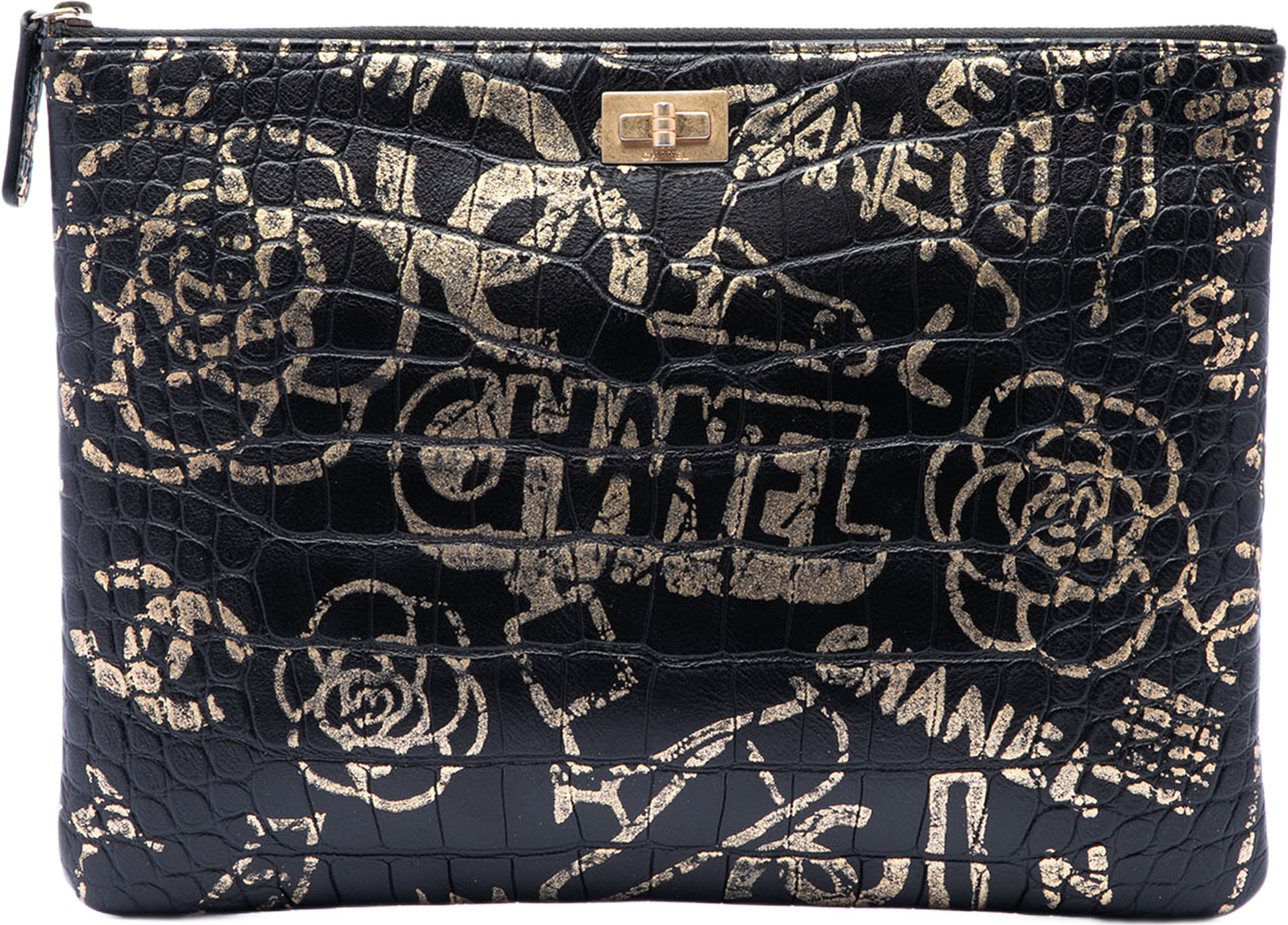 Chanel Crocodile Embossed Calfskin Cocodile Graffiti 2.55 Reissue Clutch, från Luxclusif, i färgen black. Klicka för att öppna bilden i stort format