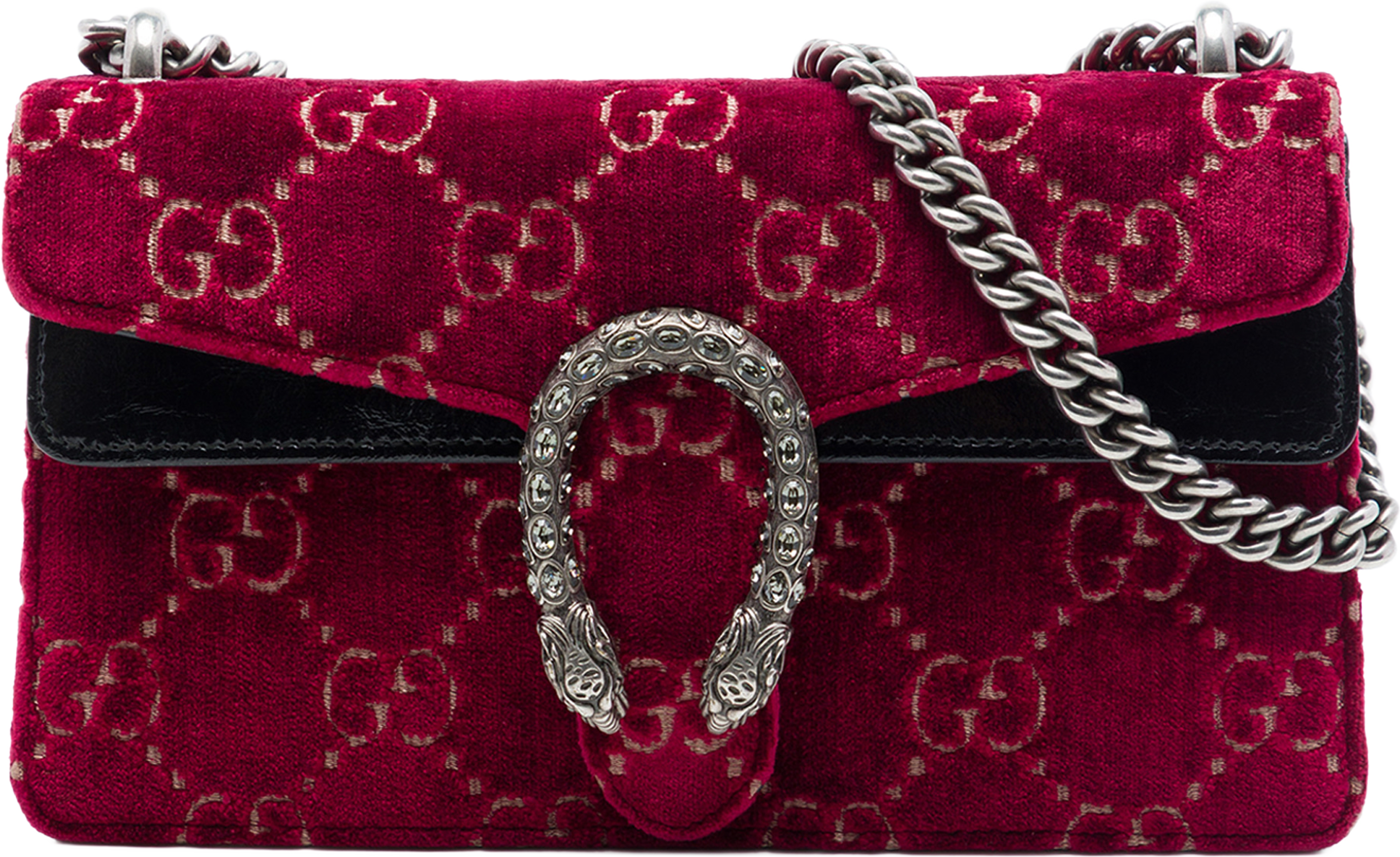 Gucci Medium Gg Velvet Dionysus Crossbody, från Luxclusif, i färgen röd. Klicka för att öppna bilden i stort format
