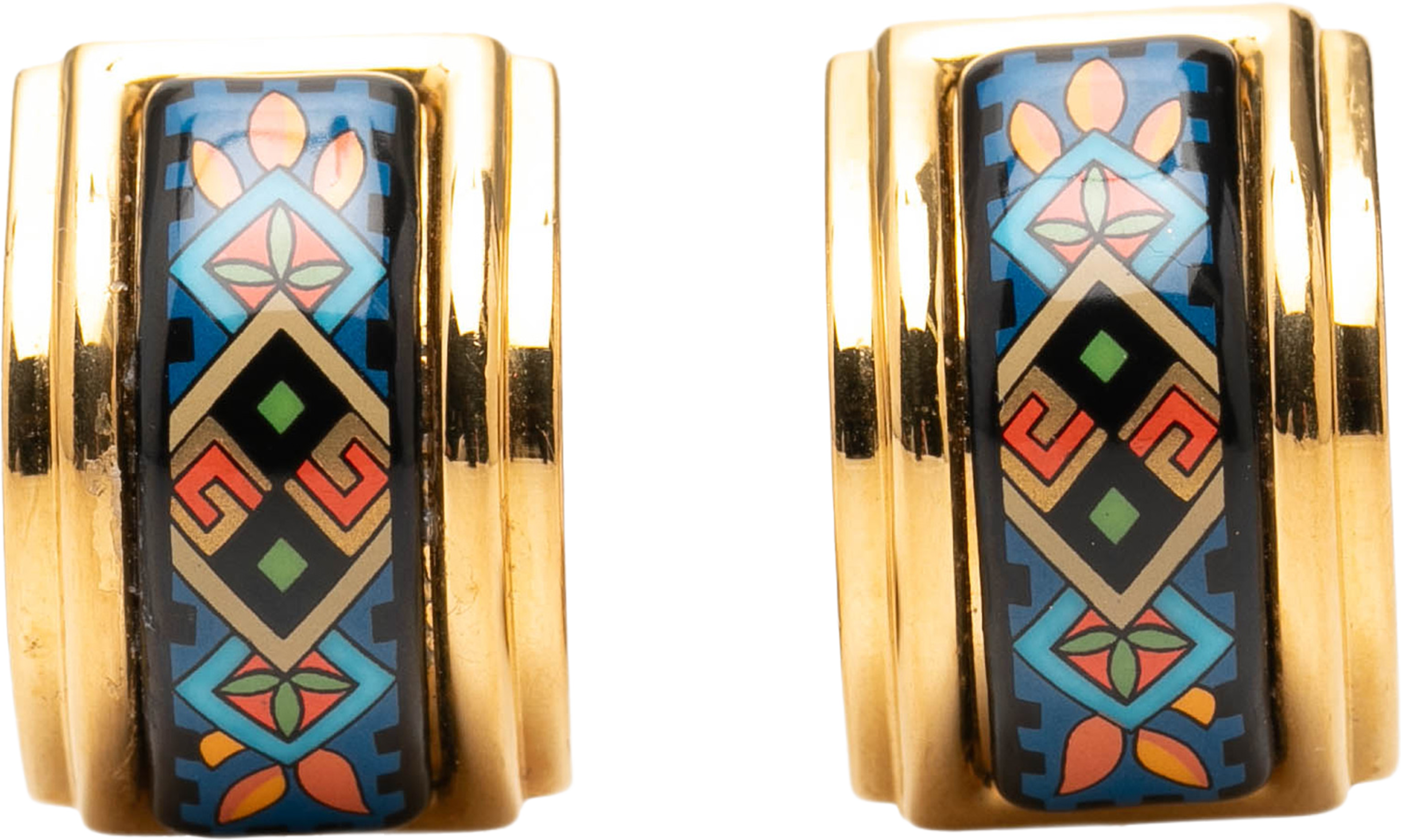 Hermès Gold Plated Enamel Cloisonne Clip On Earrings, från Luxclusif, i färgen blå. Klicka för att öppna bilden i stort format
