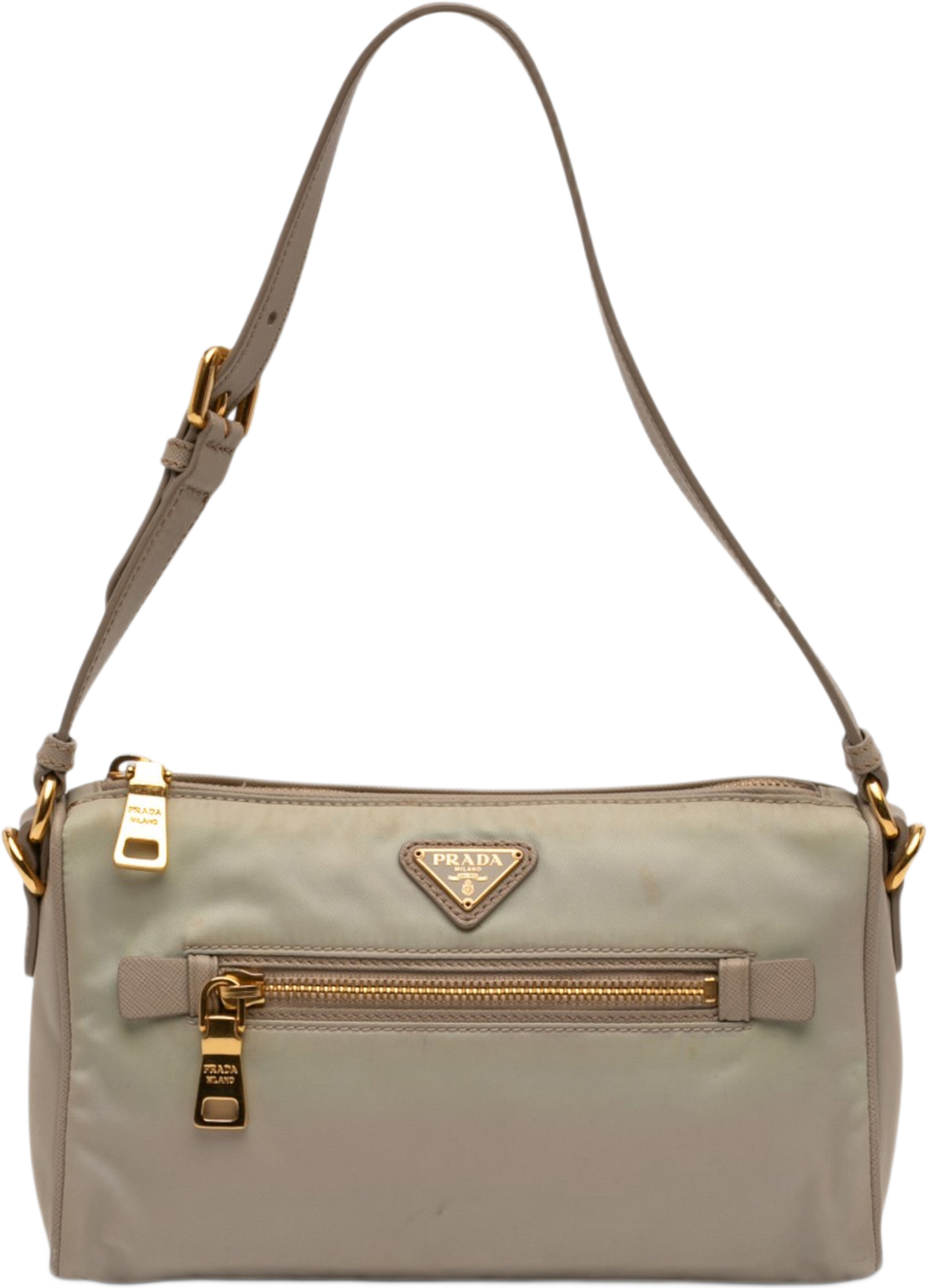 Prada Saffiano Trimmed Tessuto Pocket Shoulder Bag, från Luxclusif, i färgen beige. Klicka för att öppna bilden i stort format