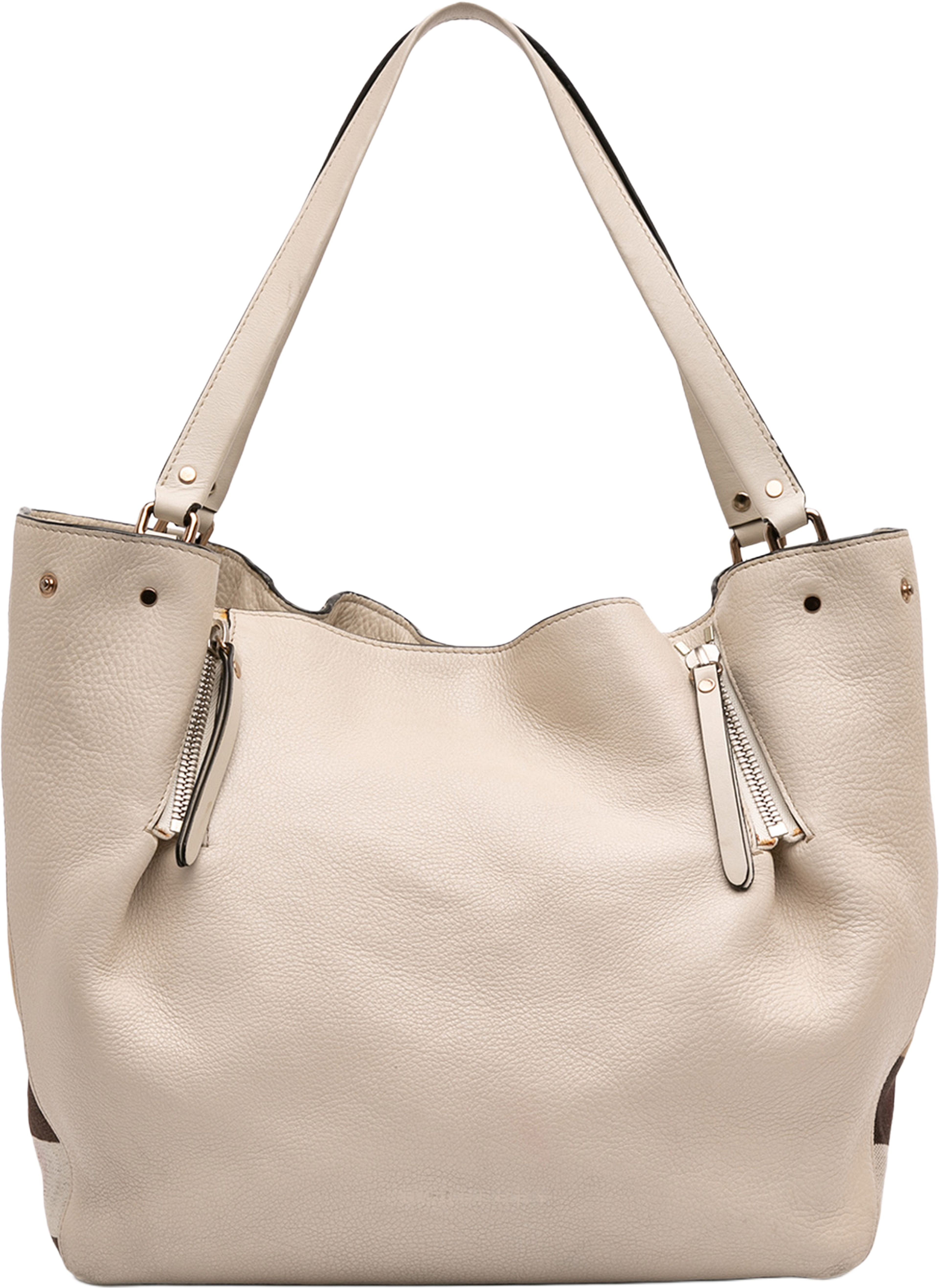 Burberry Medium Leather And House Check Canvas Maidstone Satchel, från Luxclusif, i färgen light beige. Klicka för att öppna bilden i stort format