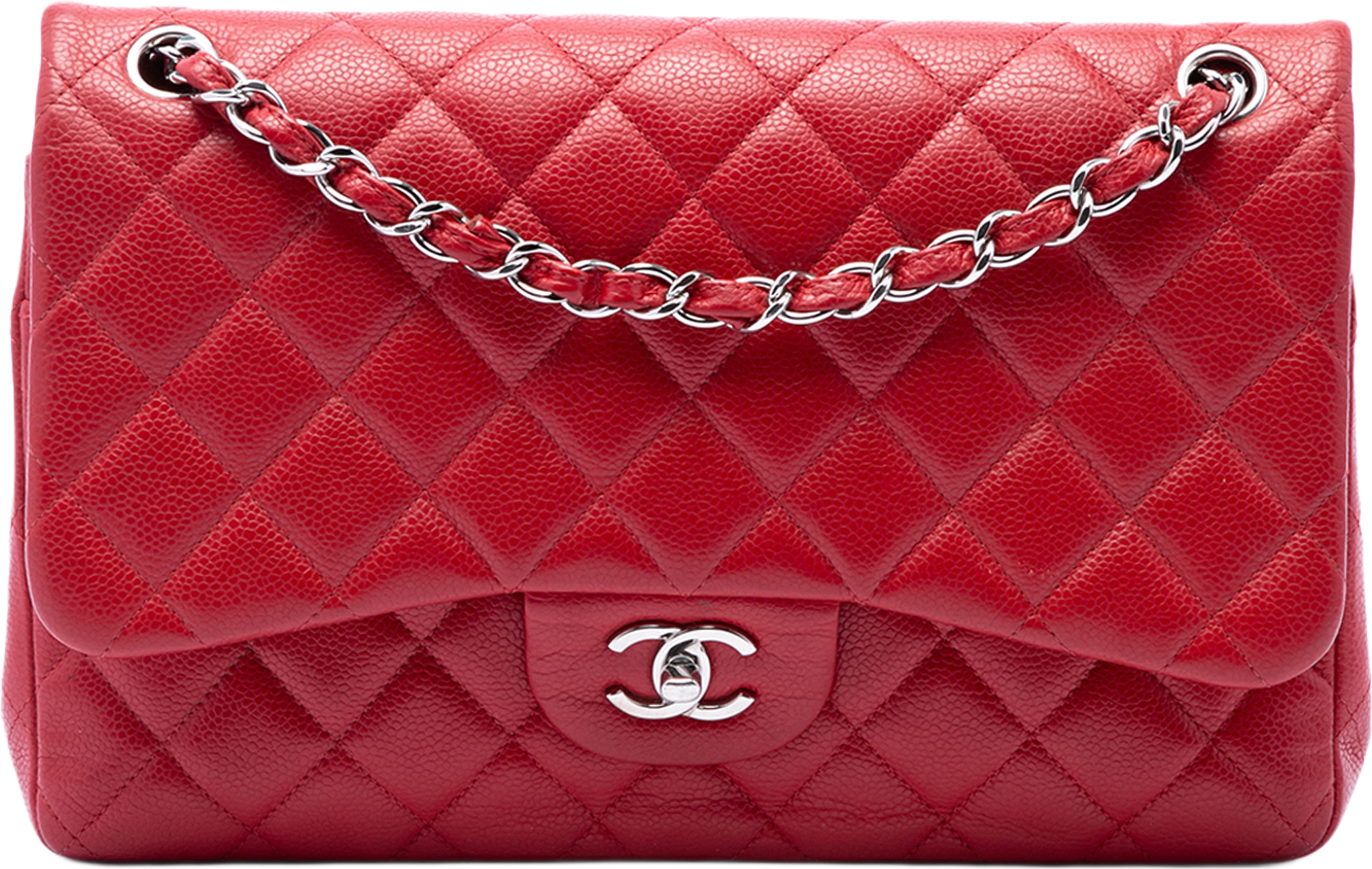 Chanel Jumbo Classic Caviar Double Flap, från Luxclusif, i färgen red. Klicka för att öppna bilden i stort format