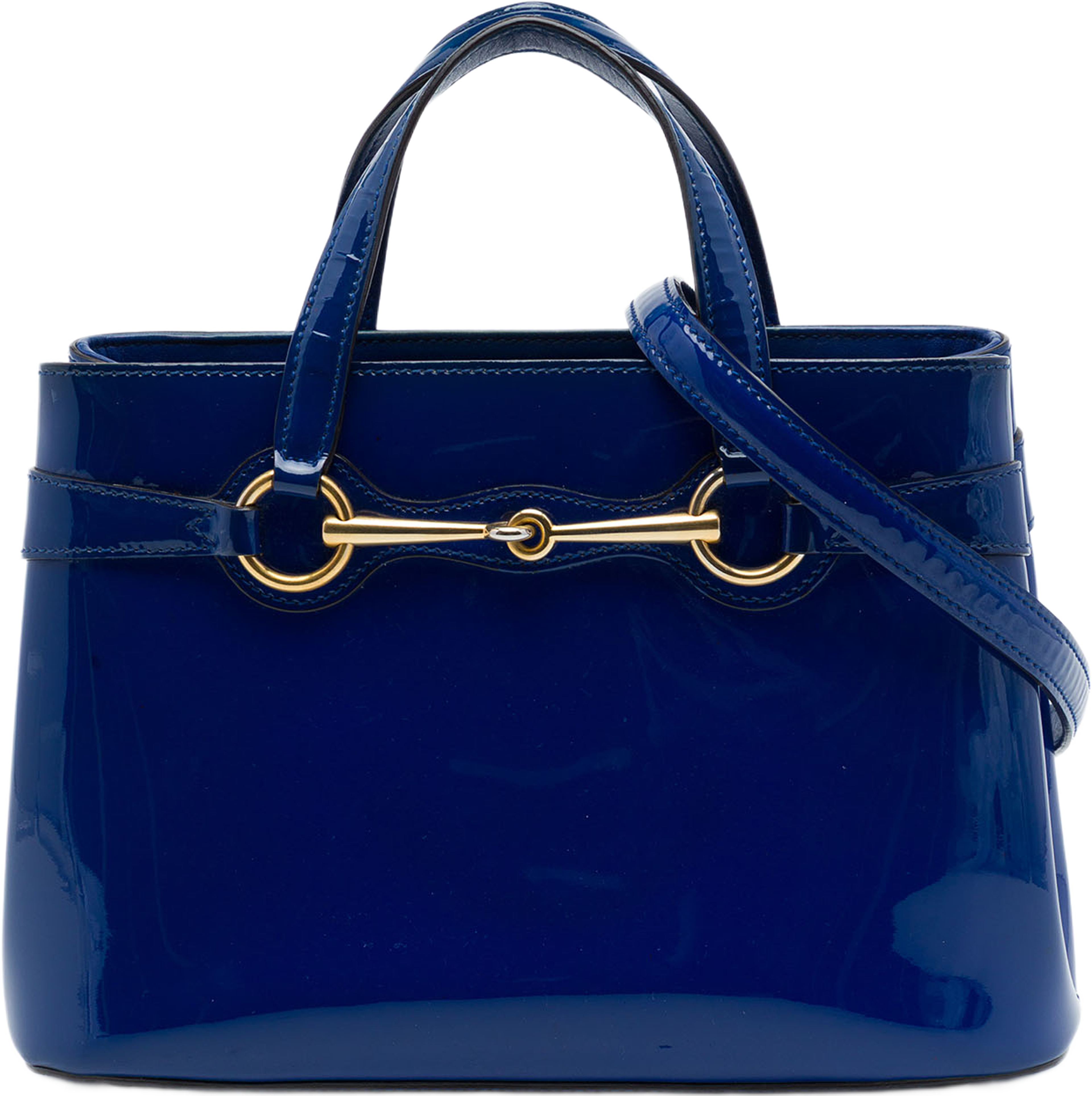 Gucci Patent Bright Bit Satchel, från Luxclusif, i färgen blå. Klicka för att öppna bilden i stort format