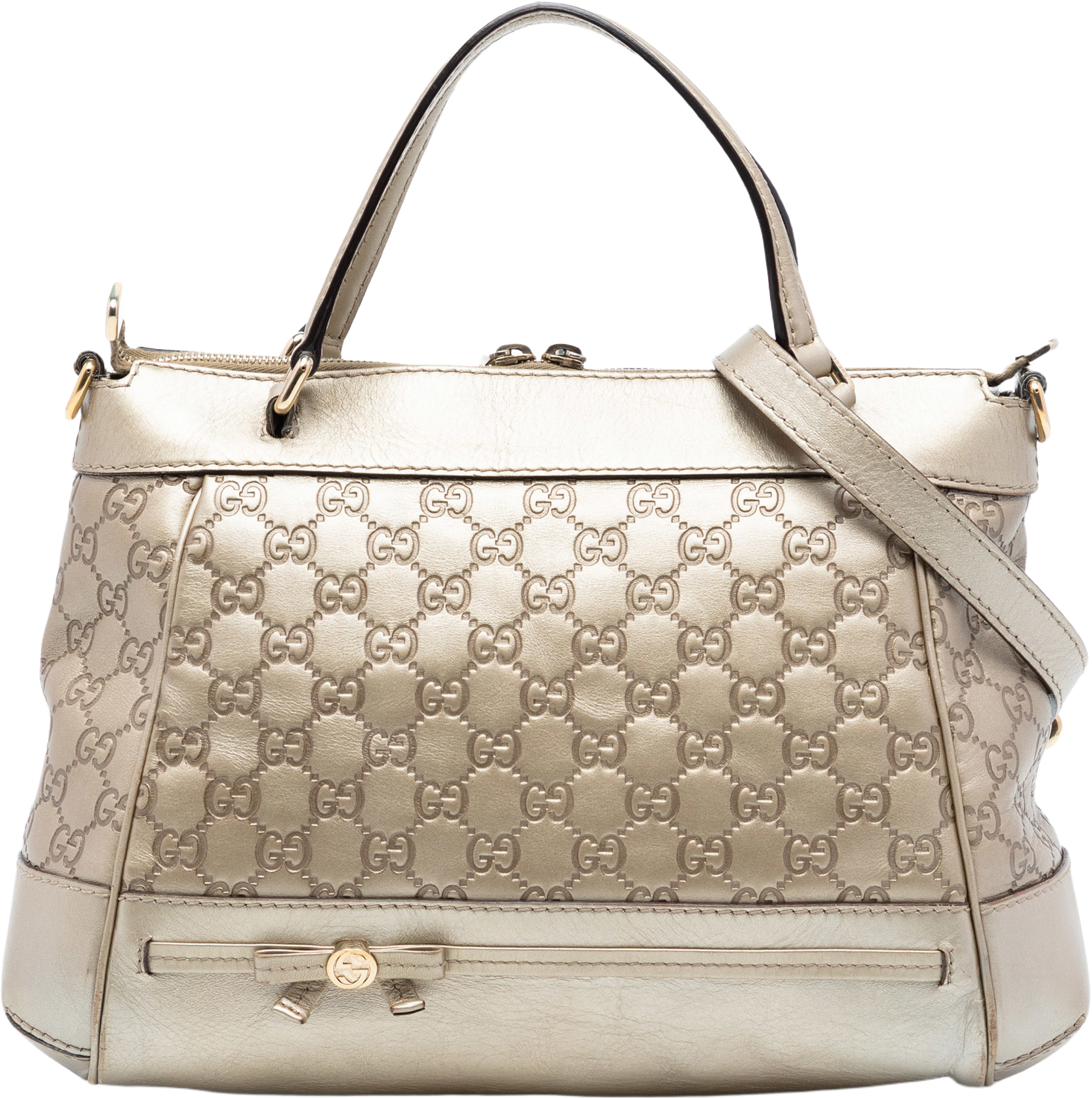 Gucci Metallic Guccissima Mayfair Satchel, från Luxclusif, i färgen light gold. Klicka för att öppna bilden i stort format