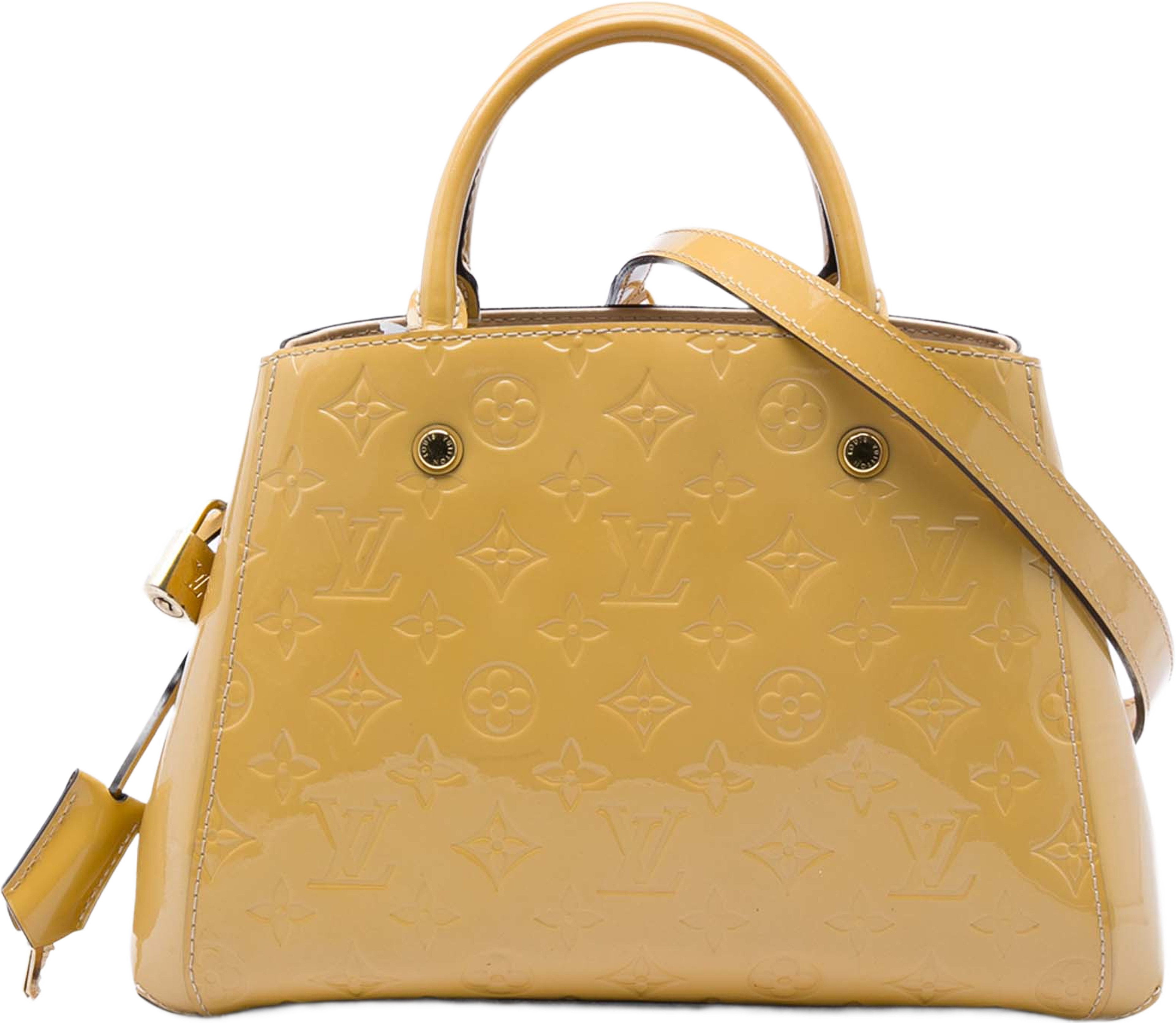 Louis Vuitton Monogram Vernis Montaigne Bb, från Luxclusif, i färgen beige. Klicka för att öppna bilden i stort format