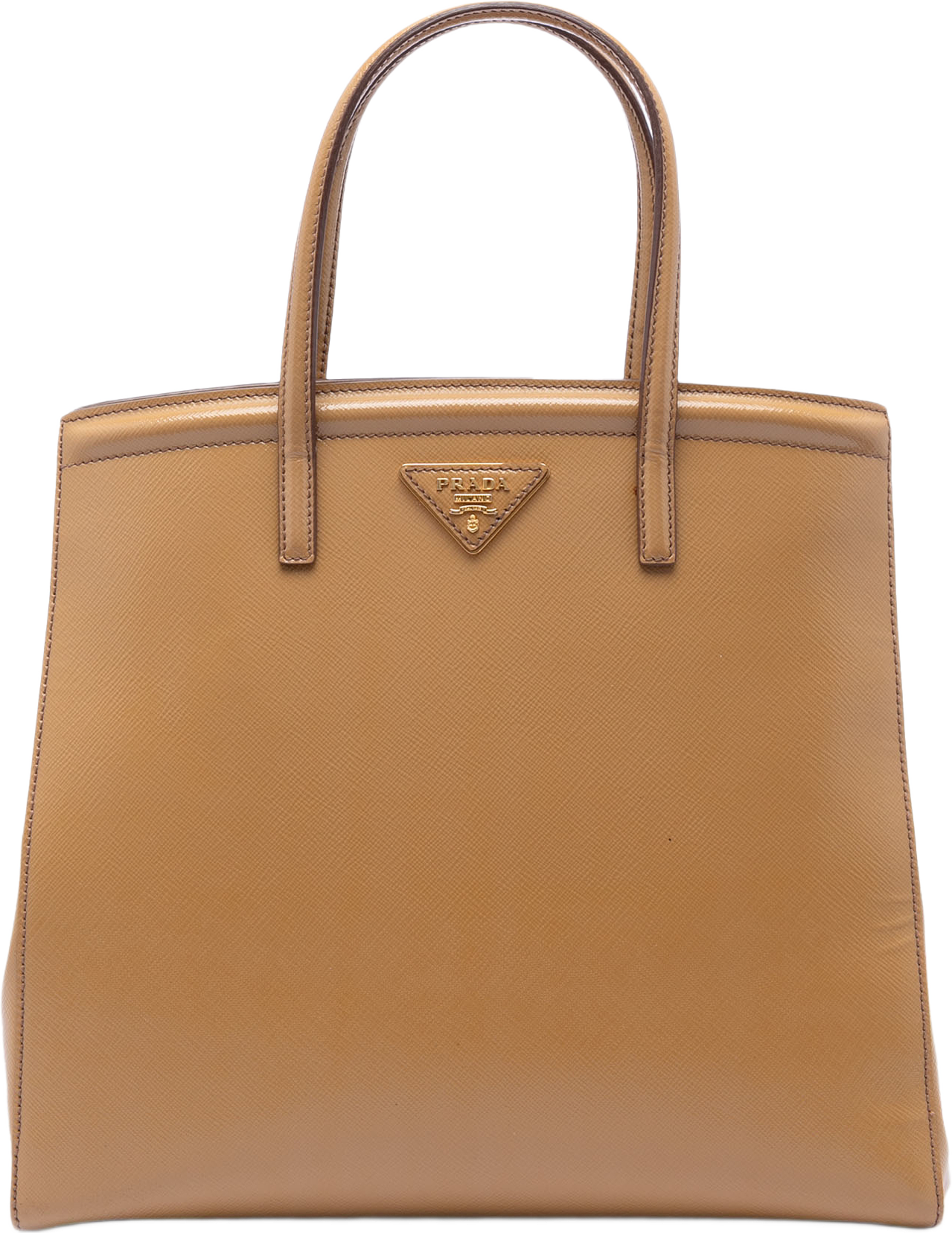 Prada Saffiano Vernice Parabole Satchel, från Luxclusif, i färgen camel. Klicka för att öppna bilden i stort format