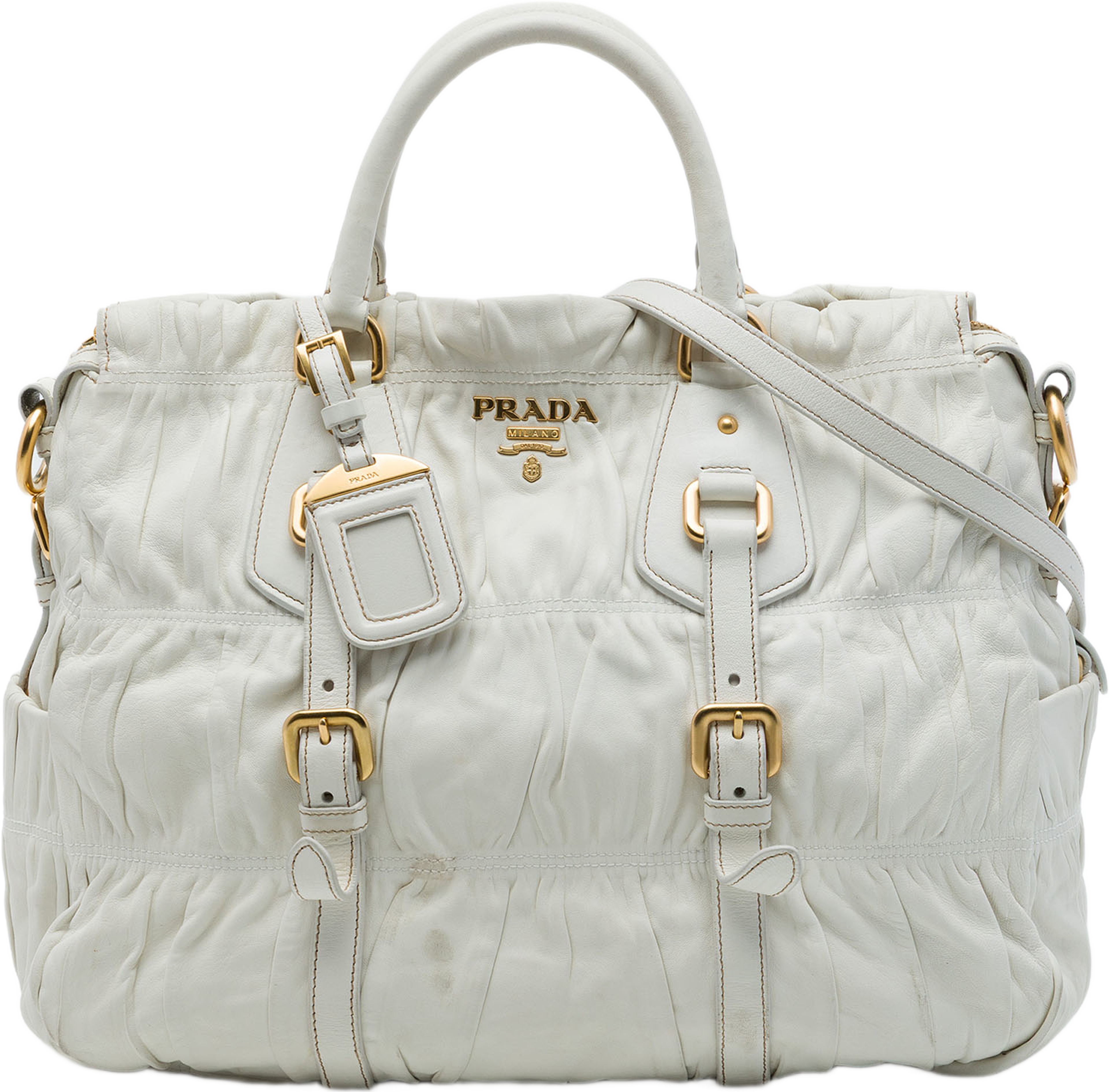 Prada Nappa Gaufre Satchel, från Luxclusif, i färgen vit. Klicka för att öppna bilden i stort format