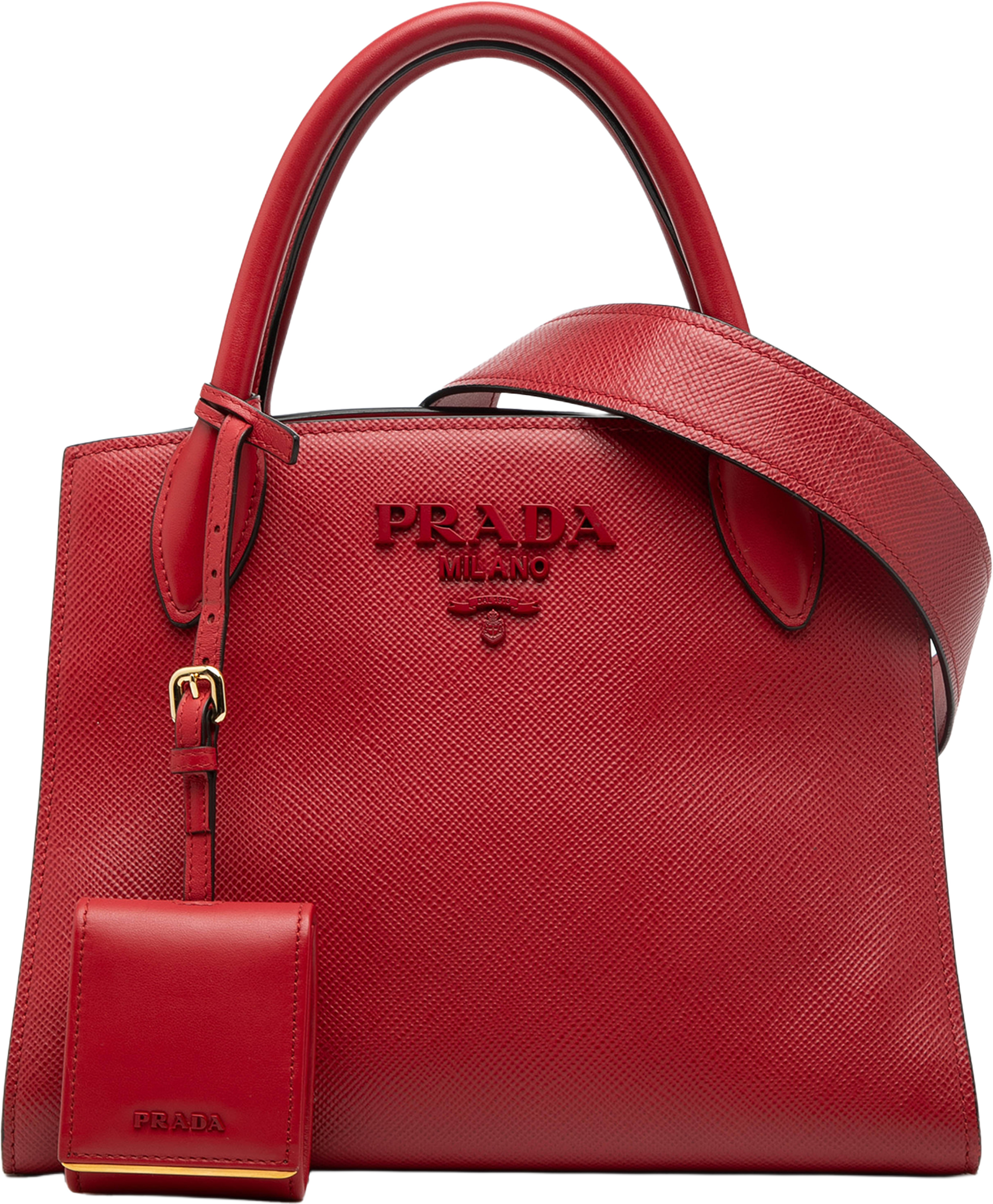 Prada Small Saffiano Cuir Monochrome Top Handle Tote, från Luxclusif, i färgen red. Klicka för att öppna bilden i stort format
