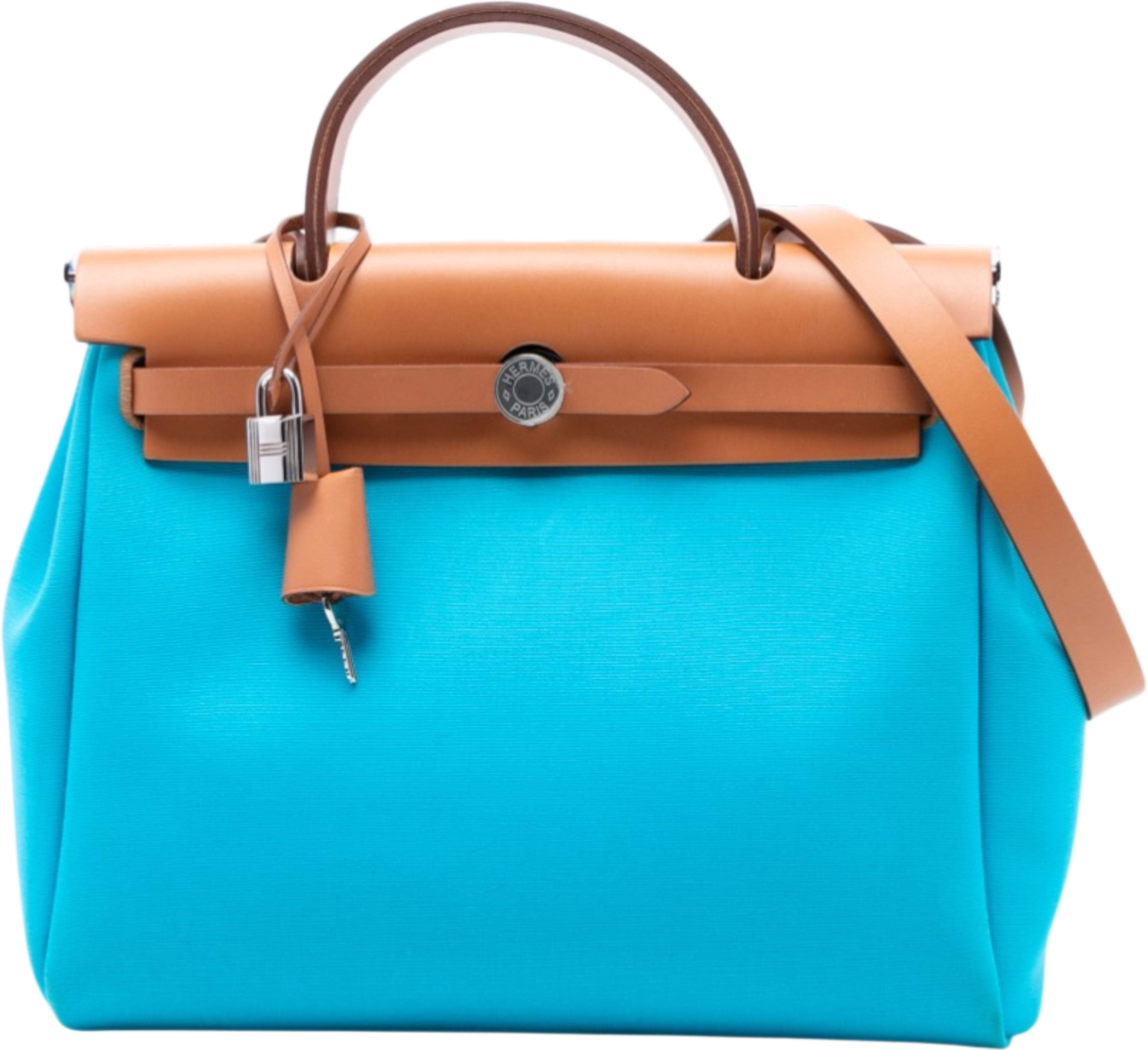 Hermès Toile H Berline Herbag Zip 31, från Luxclusif, i färgen aqua. Klicka för att öppna bilden i stort format