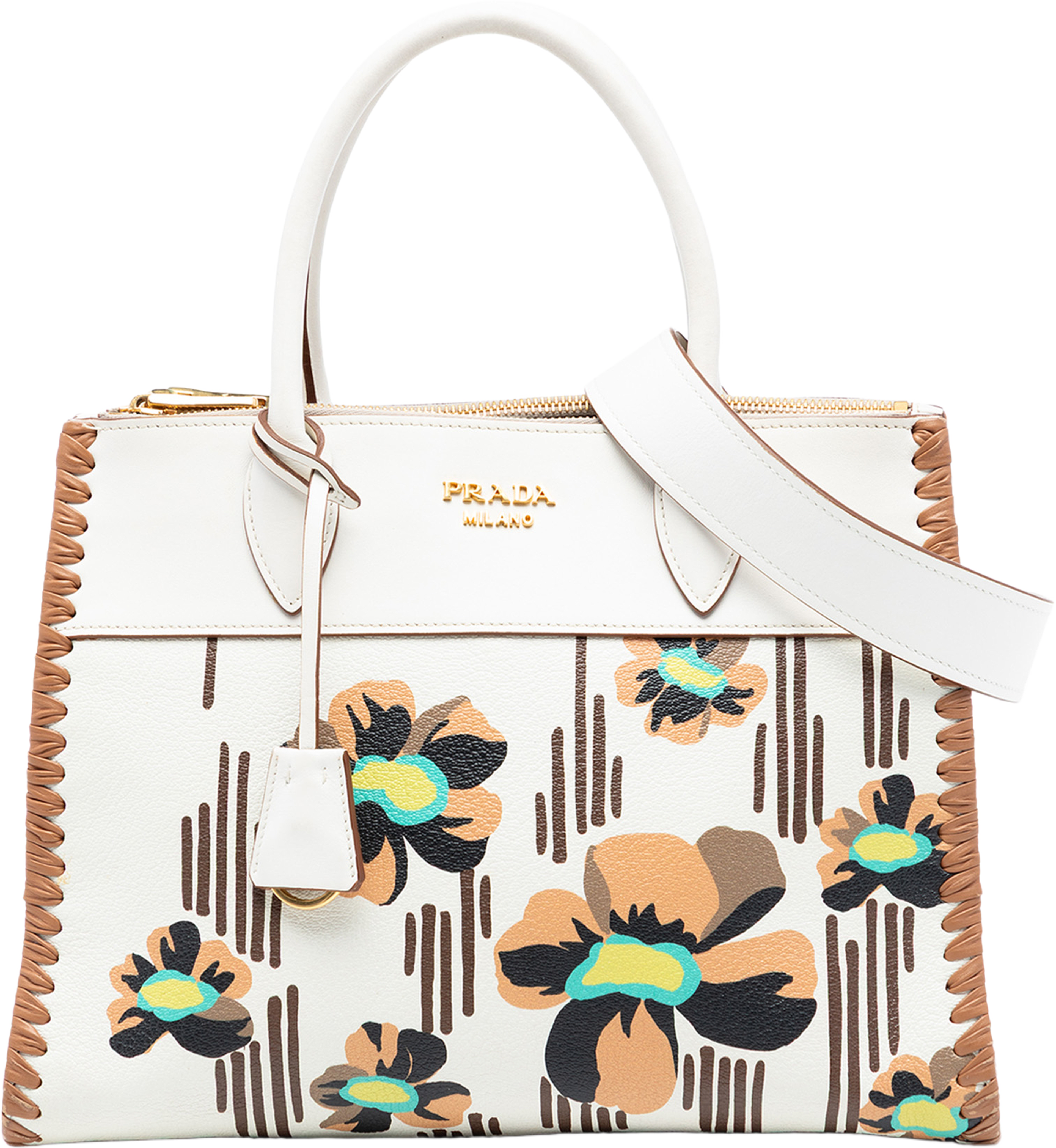 Prada City Calf Trimmed Madras Floral Print Paradigme Whipstitch Satchel, från Luxclusif, i färgen white. Klicka för att öppna bilden i stort format