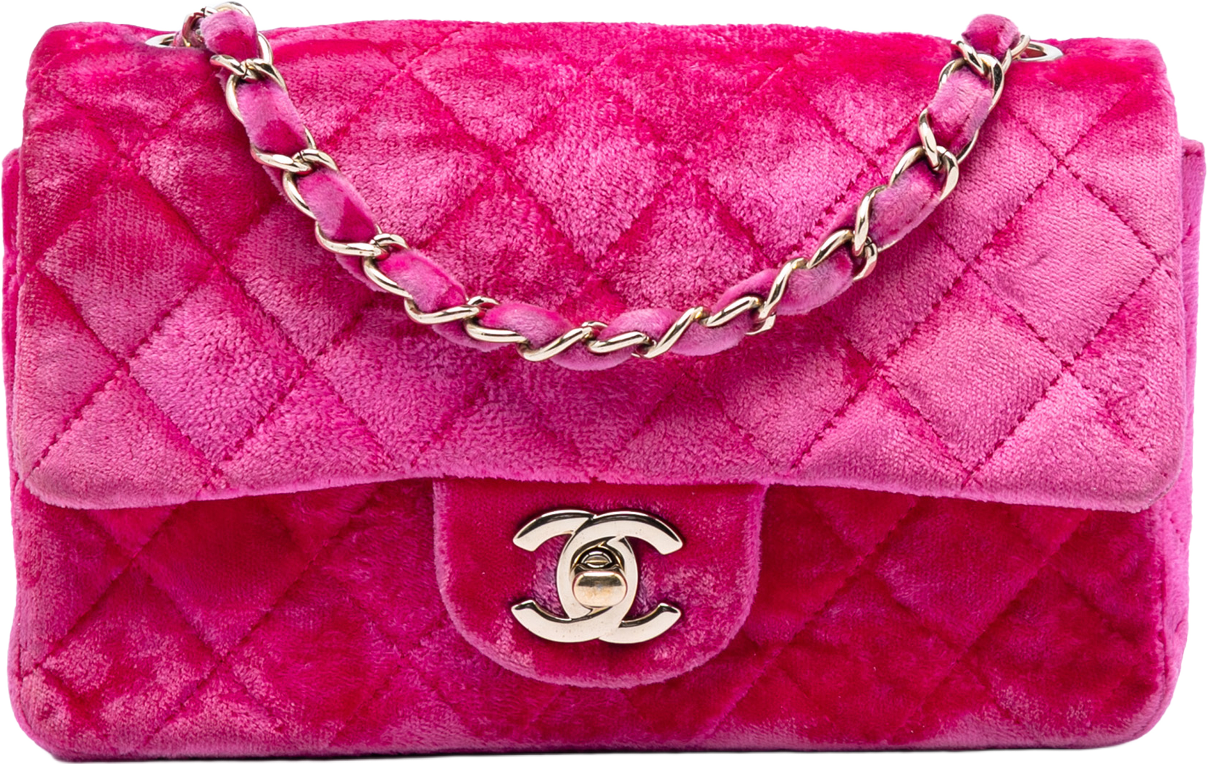 Chanel Mini Rectangular Classic Velvet Single Flap, från Luxclusif, i färgen hot pink. Klicka för att öppna bilden i stort format