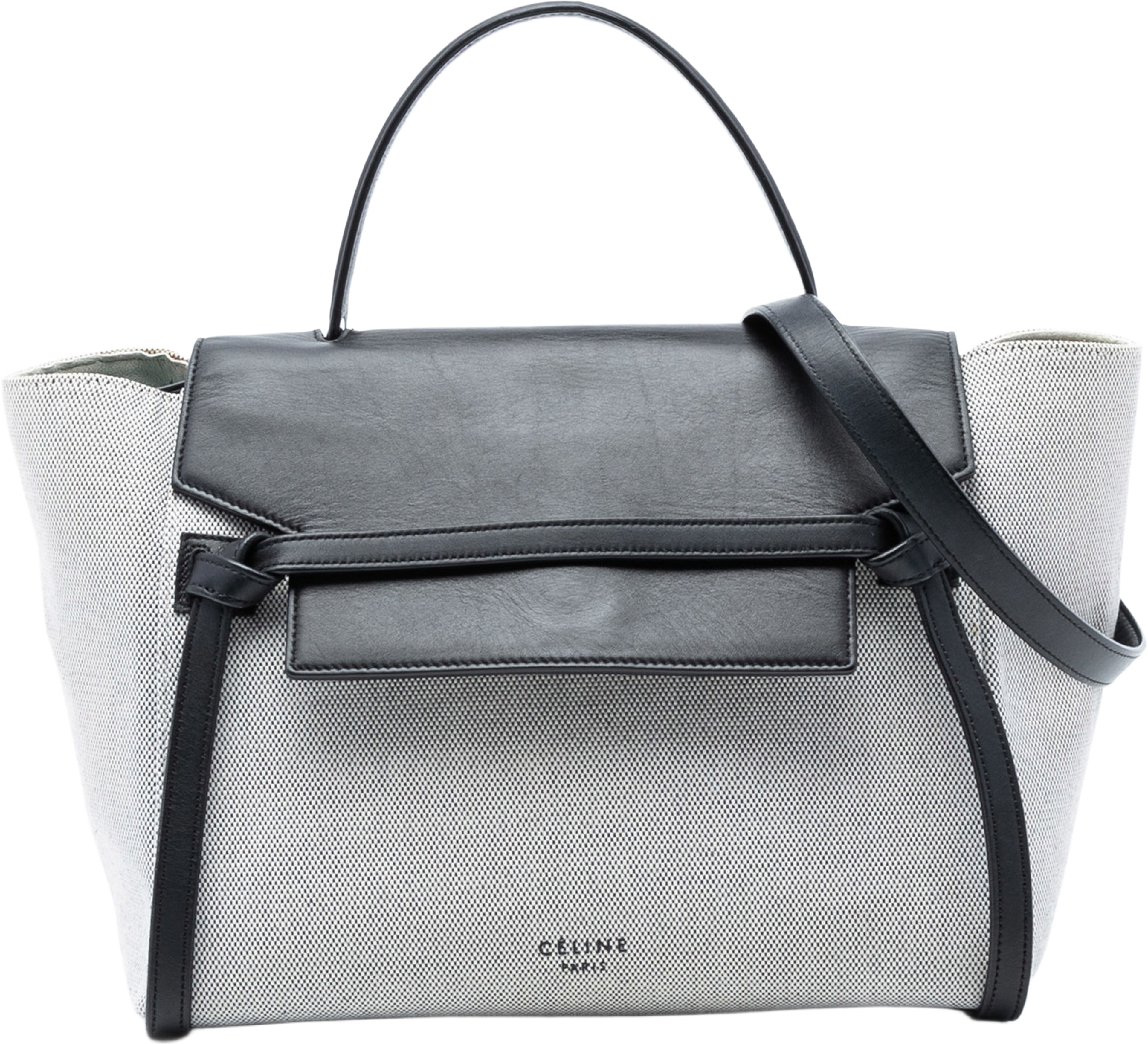 Celine Mini Canvas Belt Satchel, från Luxclusif, i färgen light gray. Klicka för att öppna bilden i stort format