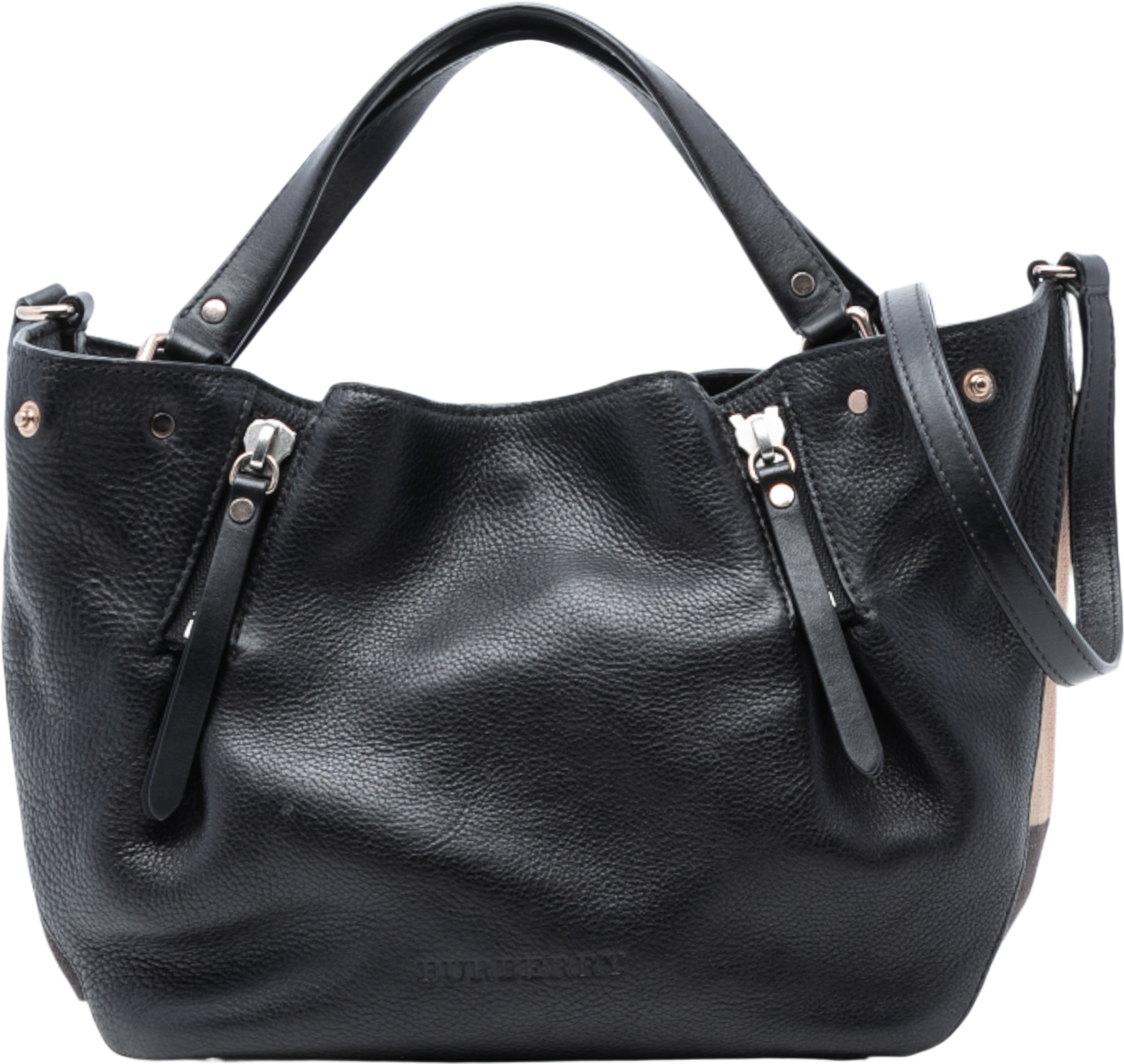 Burberry Small Leather And House Check Canvas Maidstone Satchel, från Luxclusif, i färgen black. Klicka för att öppna bilden i stort format