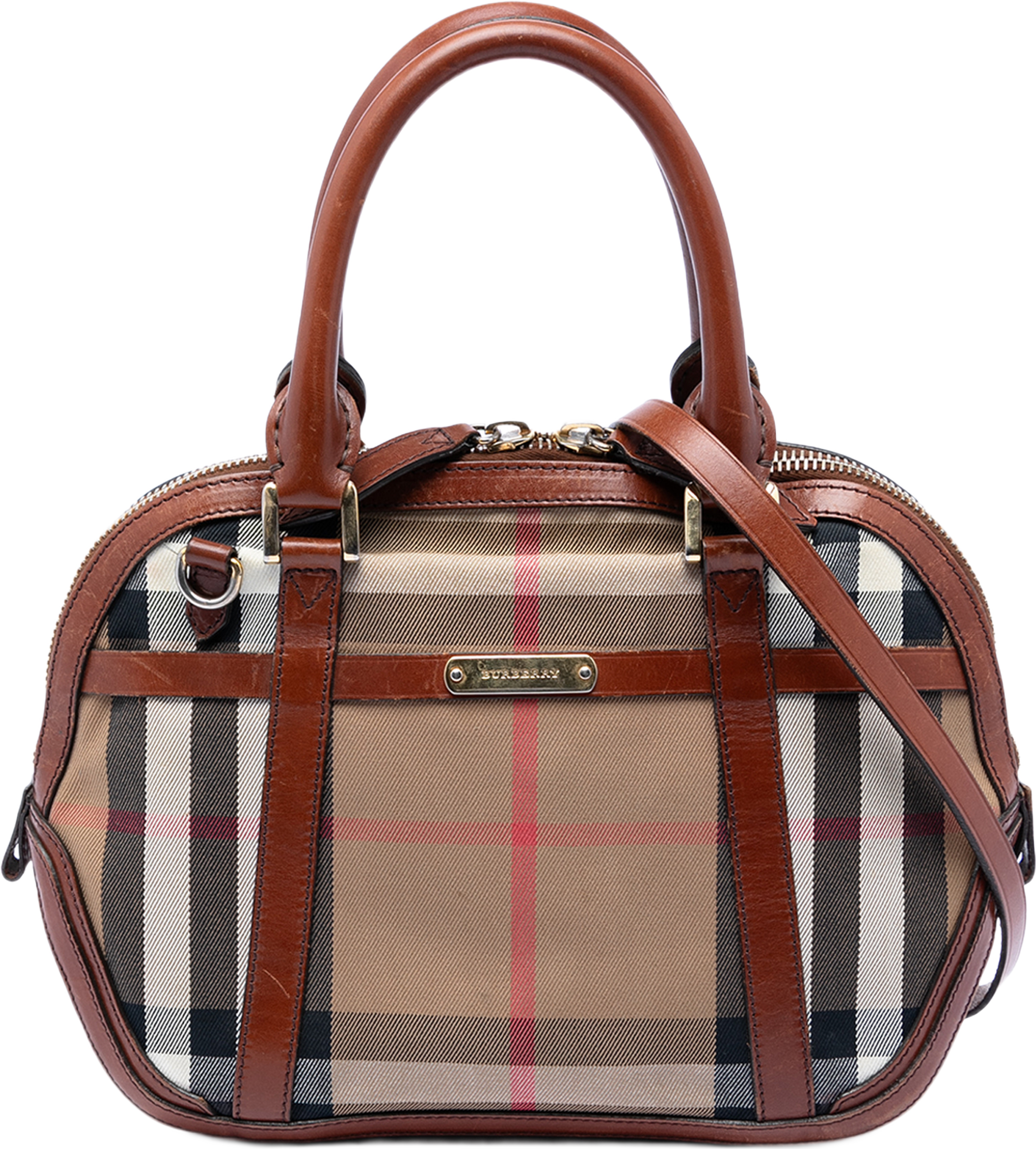 Burberry Small Leather Trimmed House Check Canvas Bridle Orchard Satchel, från Luxclusif, i färgen light brown. Klicka för att öppna bilden i stort format