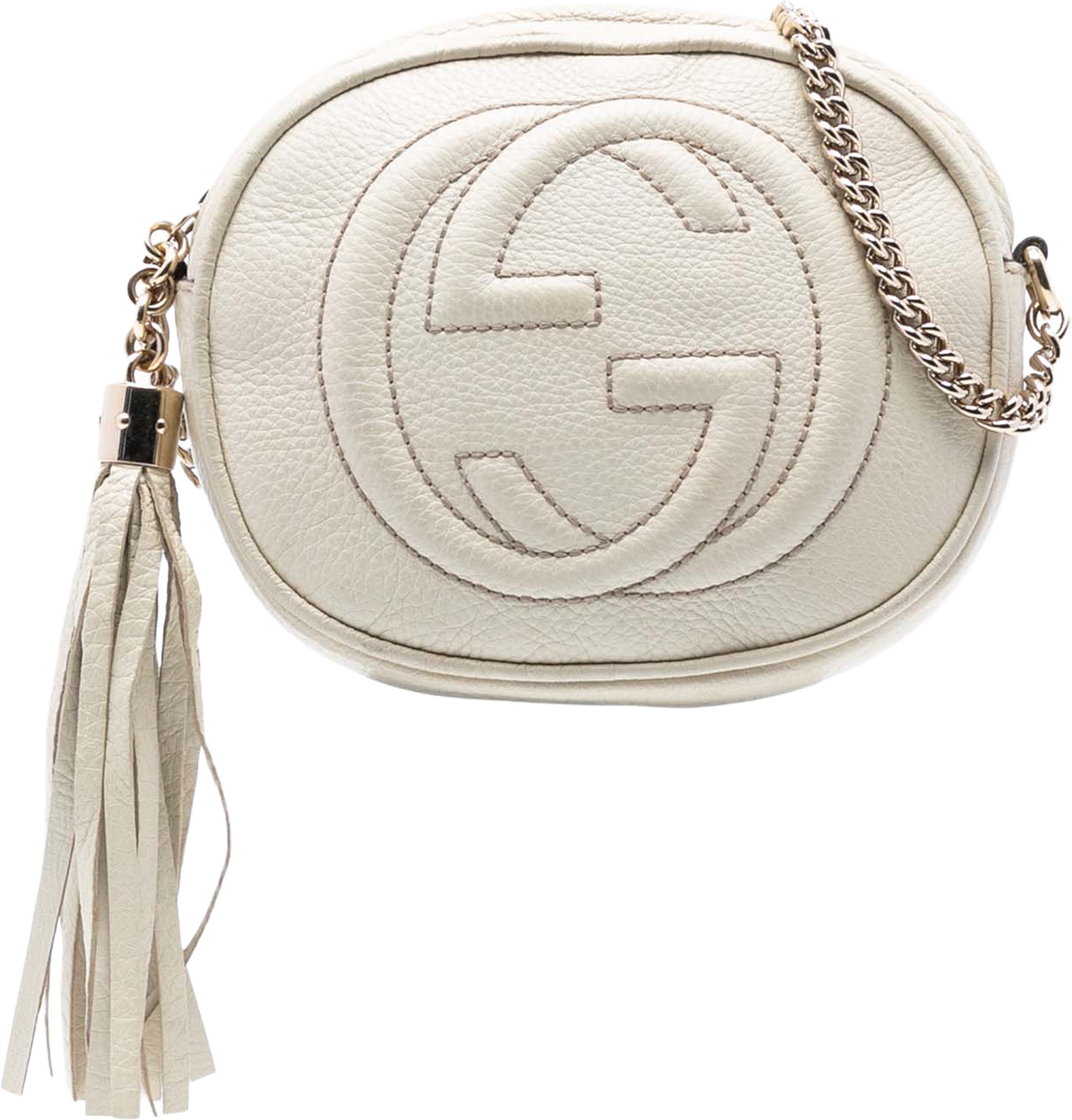 Gucci Mini Pebbled Calfskin Soho Chain Crossbody, från Luxclusif, i färgen white. Klicka för att öppna bilden i stort format