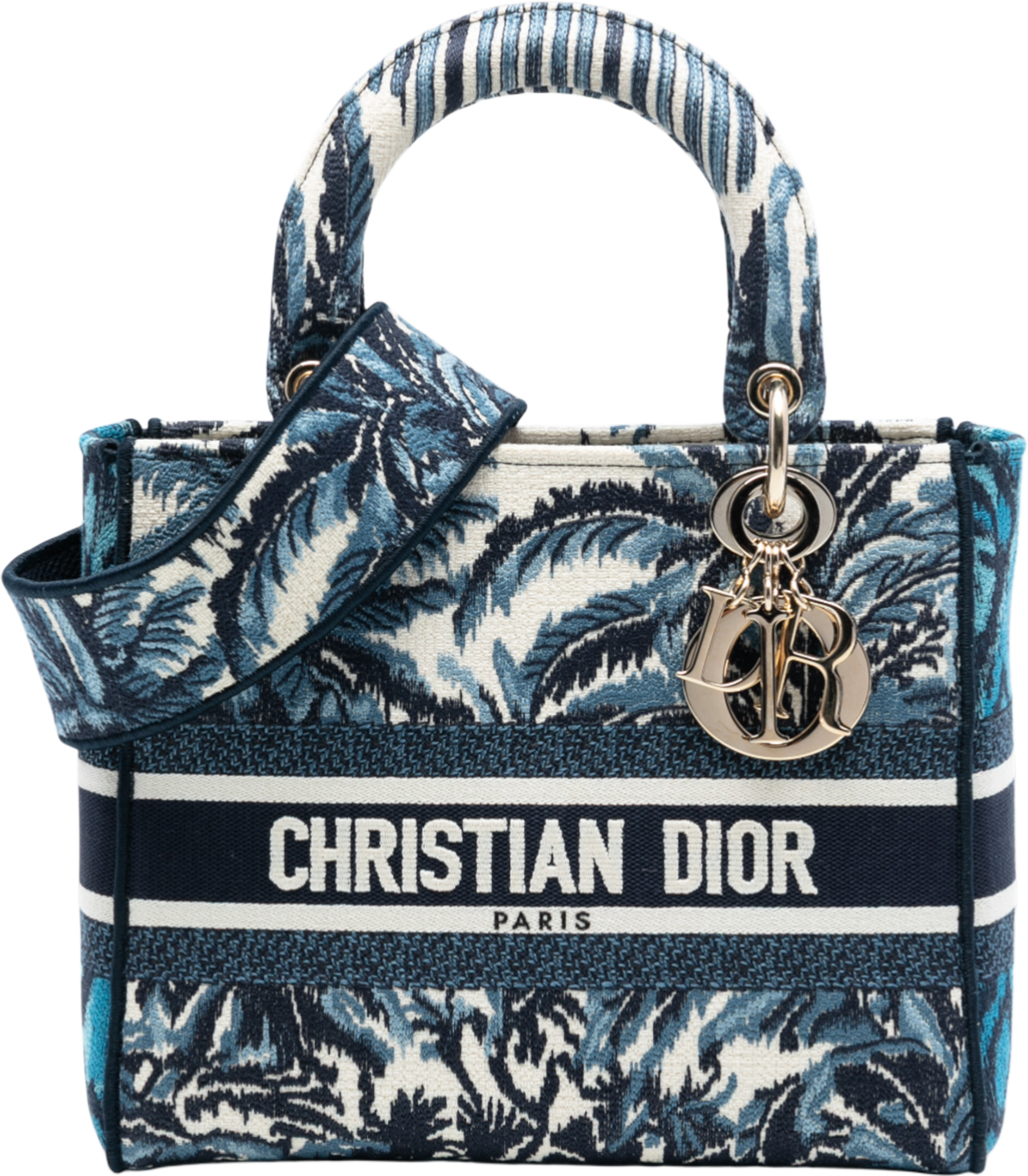 Dior Medium Embroidered Canvas Palm Tree Toile De Jouy Lady D Lite, från Luxclusif, i färgen blue. Klicka för att öppna bilden i stort format
